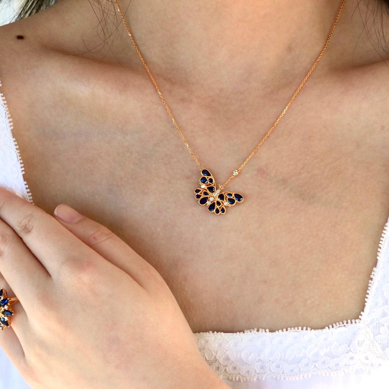 Nina Zhou Sapphire Diamond Butterfly Pendant Necklace For Sale 3