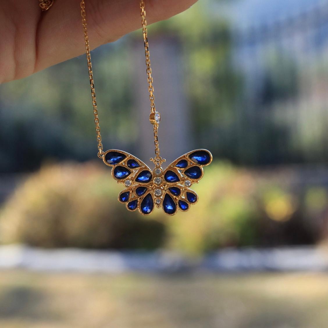 Nina Zhou Sapphire Diamond Butterfly Pendant Necklace For Sale 5