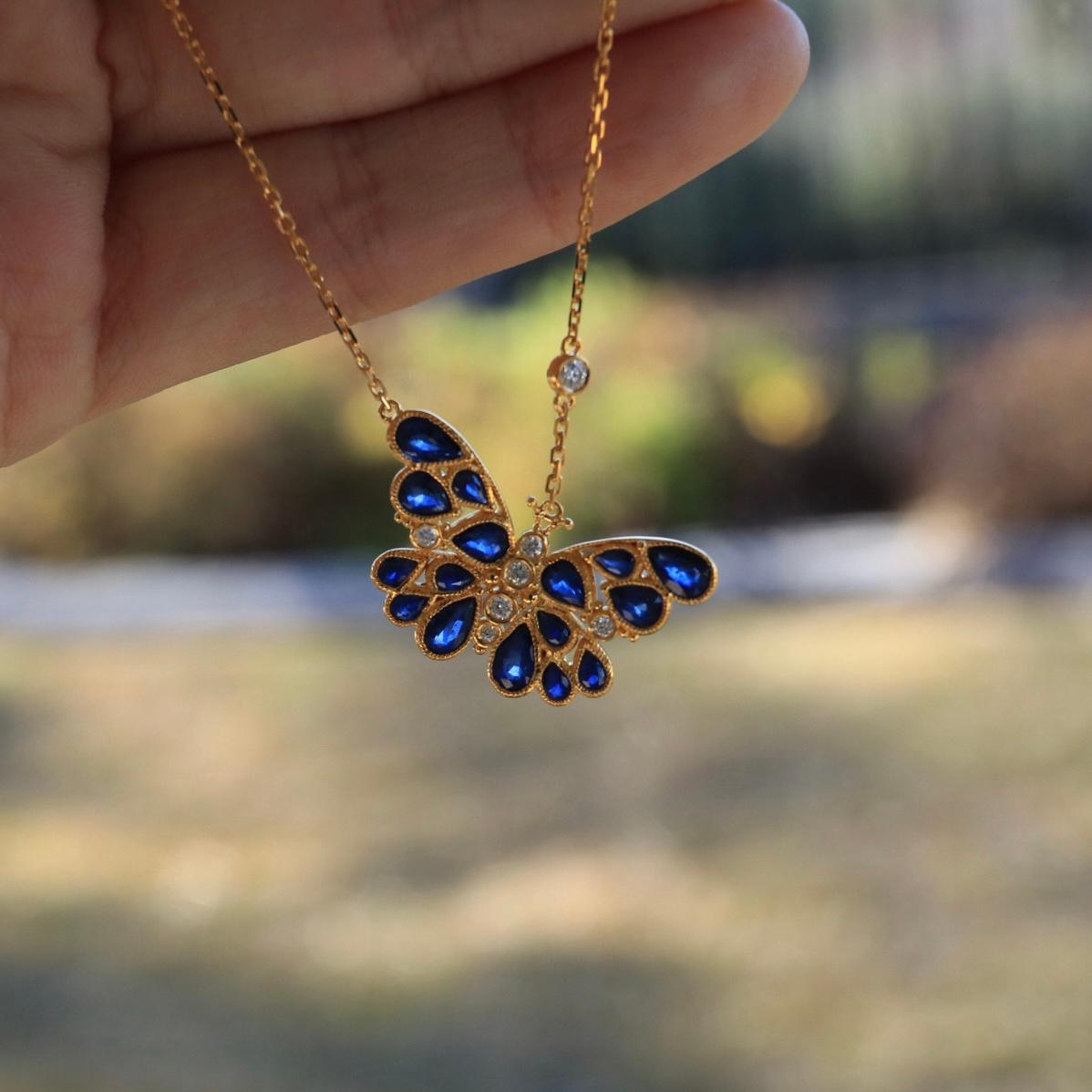Women's Nina Zhou Sapphire Diamond Butterfly Pendant Necklace For Sale
