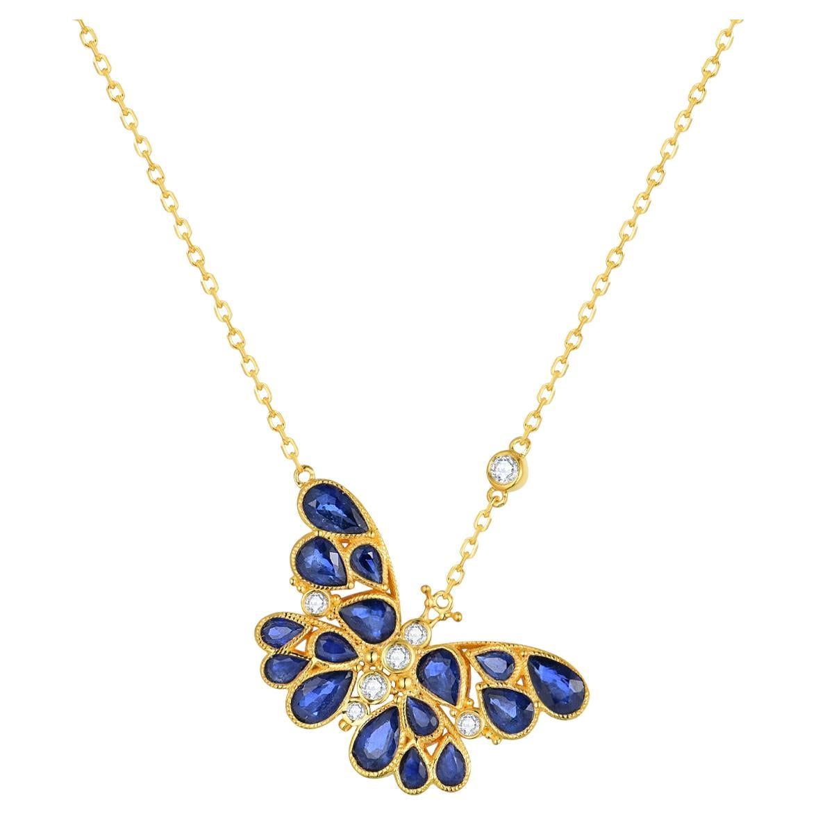 Nina Zhou Sapphire Diamond Butterfly Pendant Necklace