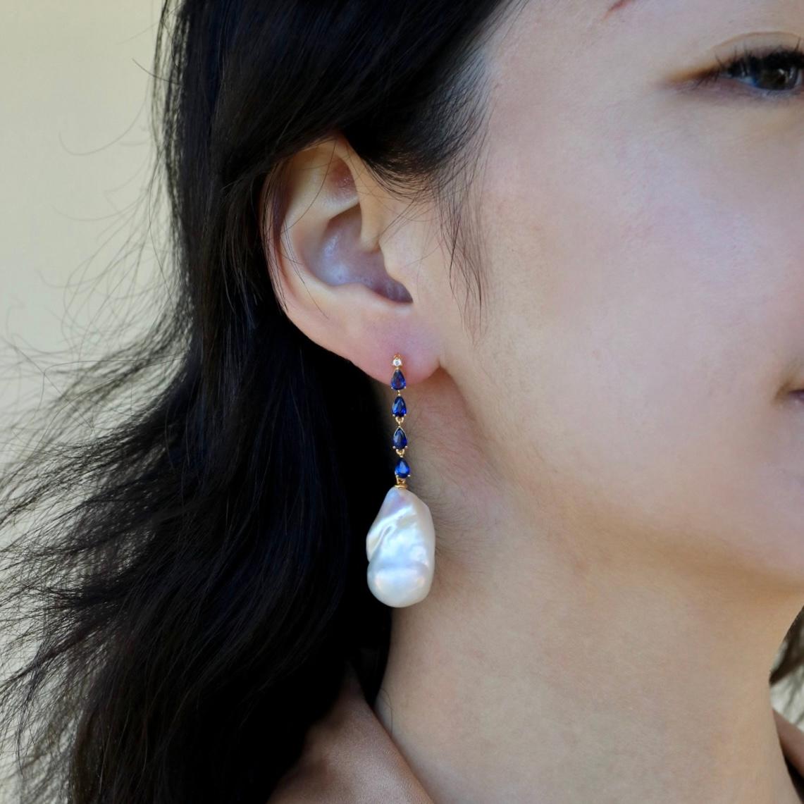 Pendientes convertibles de zafiro, diamantes y perlas barrocas Nina Zhou Corte pera en venta