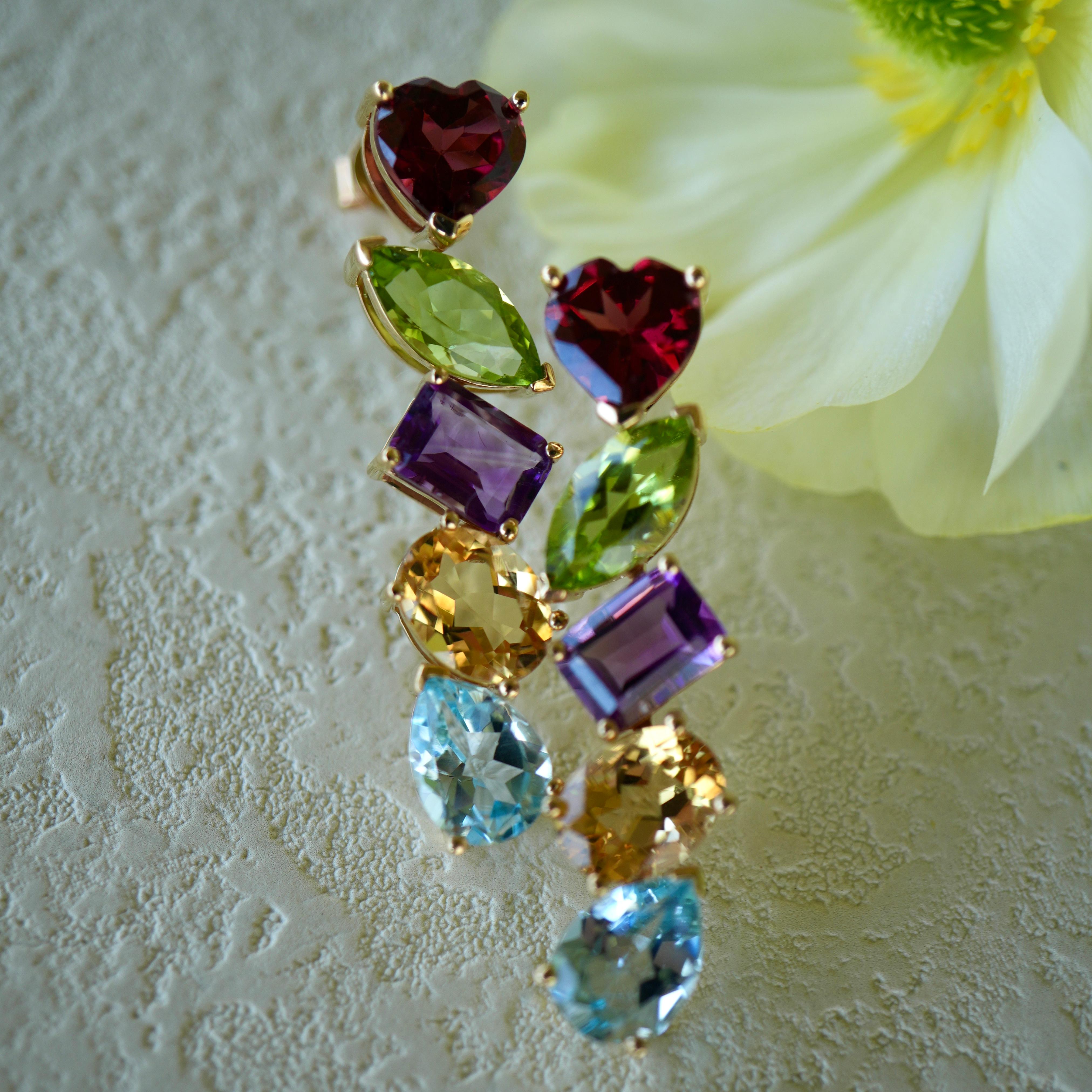 Modern Nina Zhou 12.00ctw Garnet, Peridot, Amethyst, Citrine, Topaz Drop Earrings For Sale