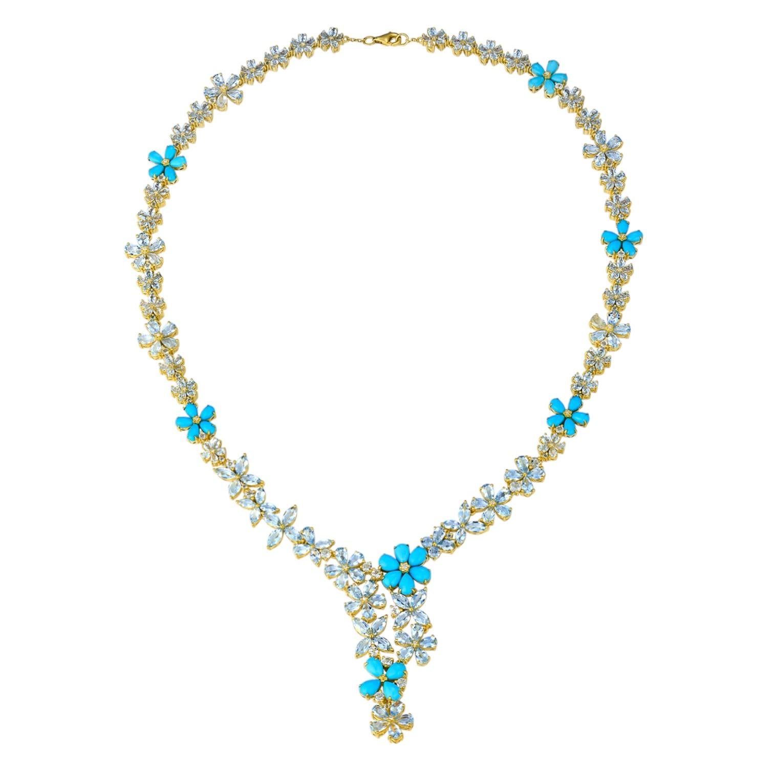 Elevate your style with the Nina Zhou Serenity Aquamarine Turquoise Diamond Statement Necklace, a harmonious fusion of sky-blue aquamarines, vivid turquoise, and shimmering diamonds. This exquisite piece combines refined aquamarine gemstones with