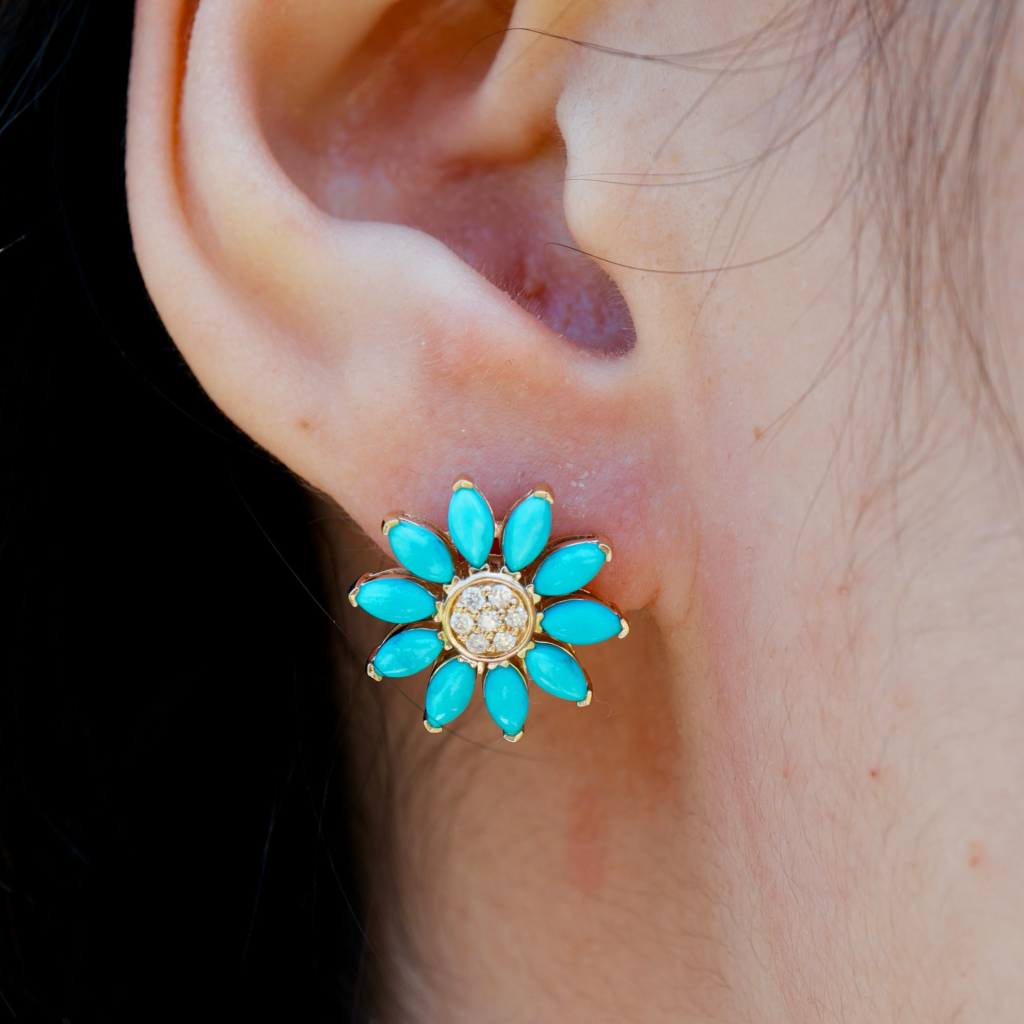 These sunflower earrings by Nina Zhou bring a burst of joyful color with their vibrant turquoise petals and diamond-set centers. The clean, symmetrical design captures the cheerful essence of a blooming flower, framed in 14K yellow gold for a touch