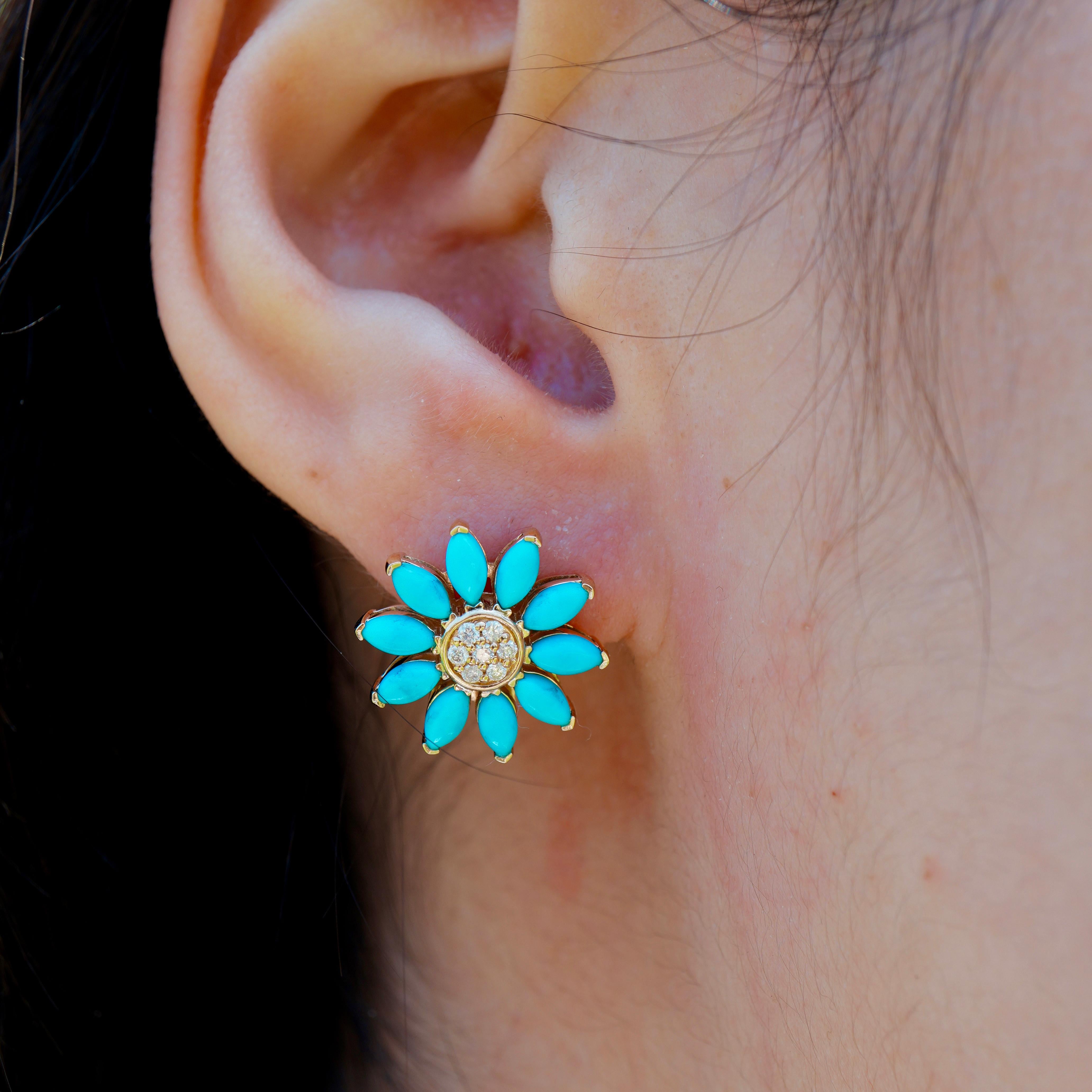 Marquise Cut Nina Zhou Sunflower 2.77ctw Turquoise & Diamond Earrings For Sale