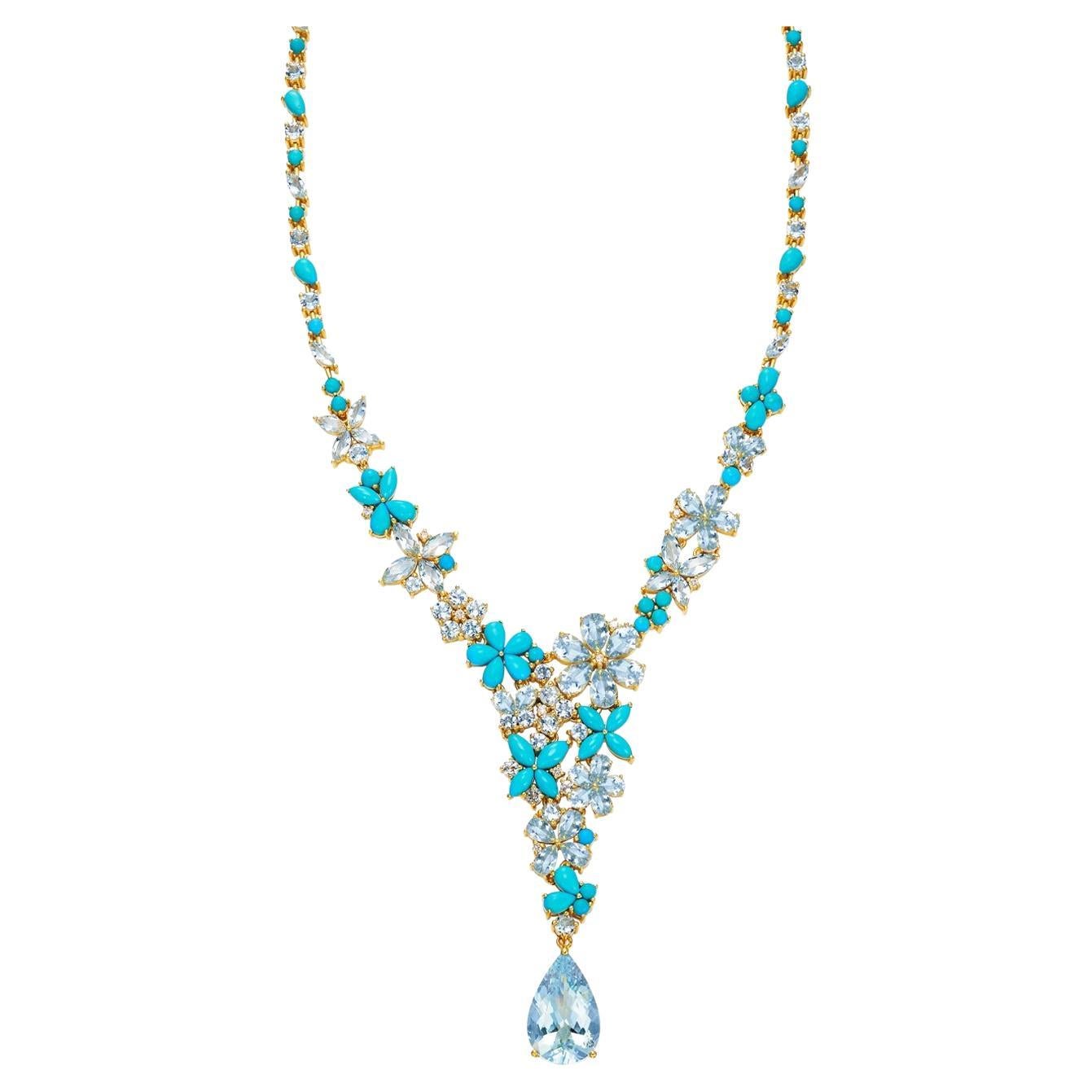Nina Zhou Symphony 30.10ctw Aquamarine Turquoise Diamond Statement Necklace