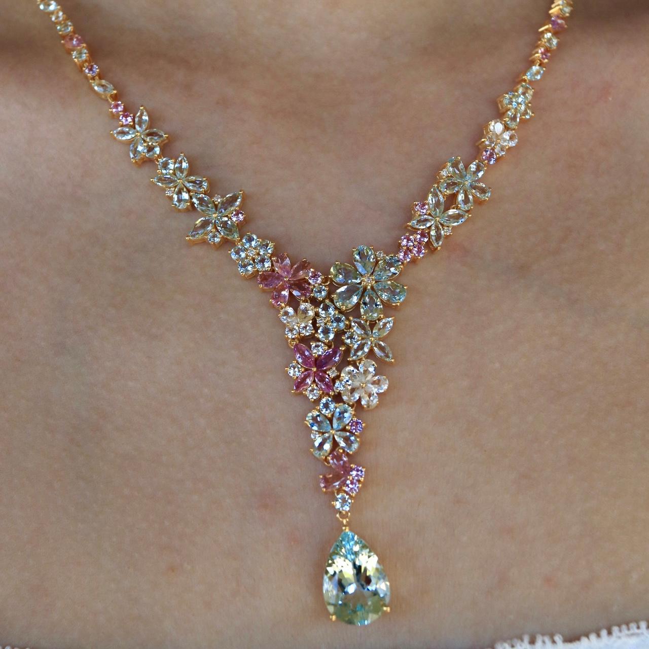 Brilliant Cut Nina Zhou Symphony Aquamarine Pink Sapphire Statement Necklace For Sale