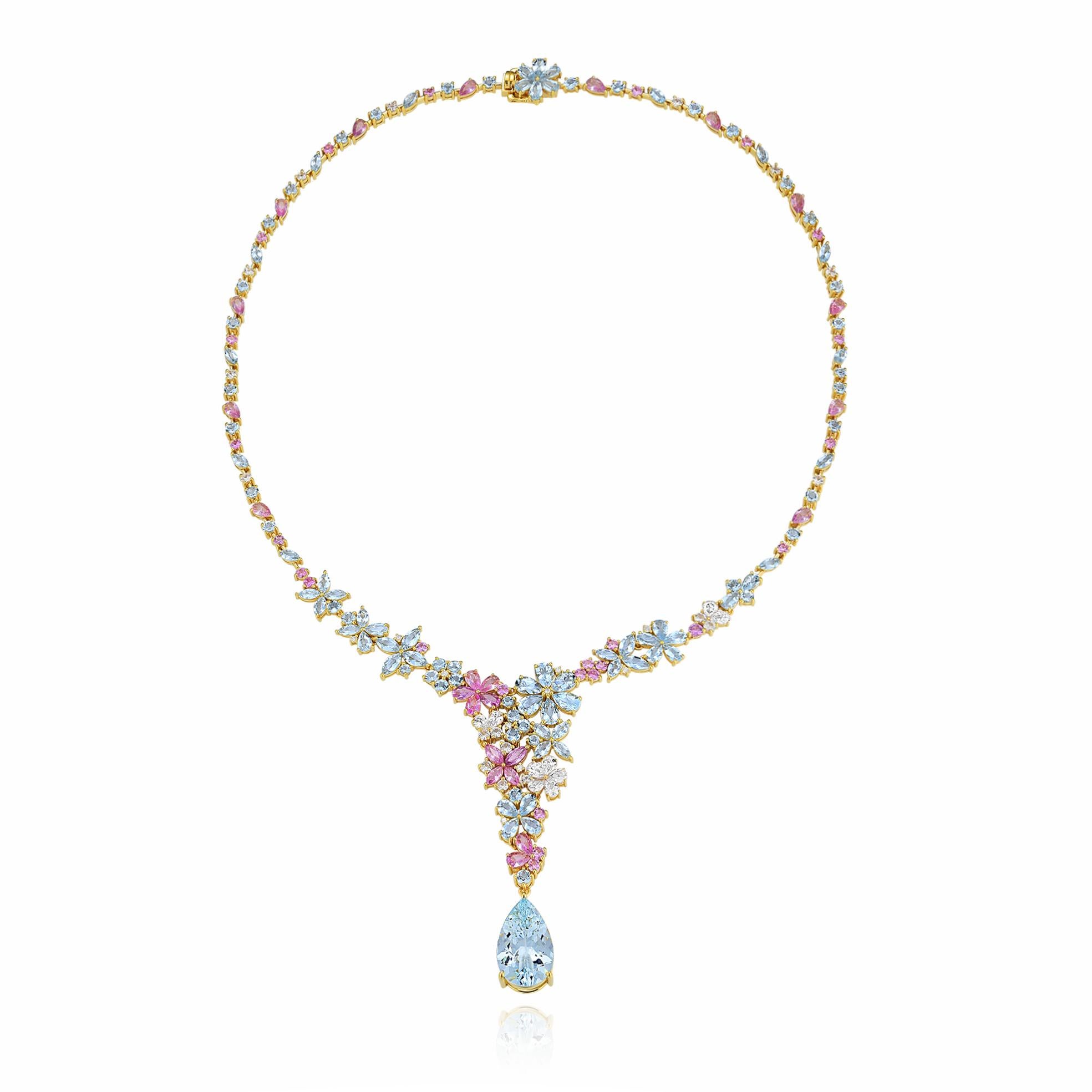 Nina Zhou Symphony Aquamarine Pink Sapphire Statement Necklace In New Condition For Sale In Rowland Heights, CA