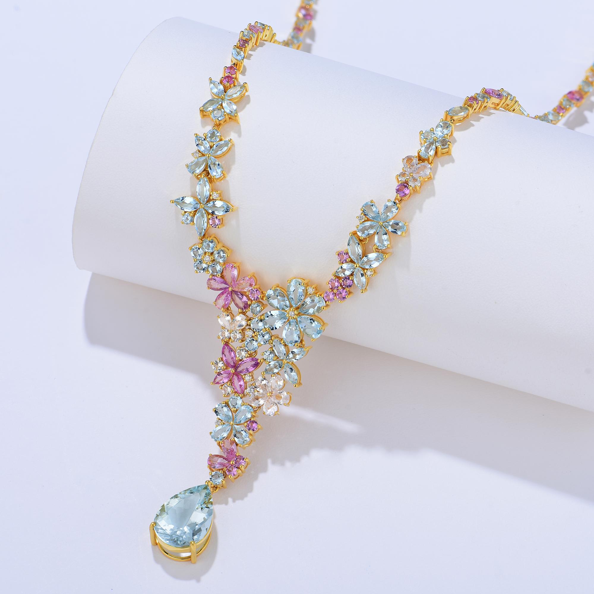 Modern Nina Zhou Symphony Aquamarine Pink Sapphire Statement Necklace For Sale