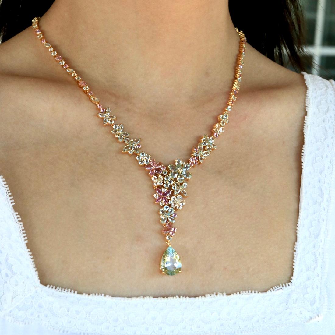Nina Zhou Symphony Aquamarine Pink Sapphire Statement Necklace For Sale 1