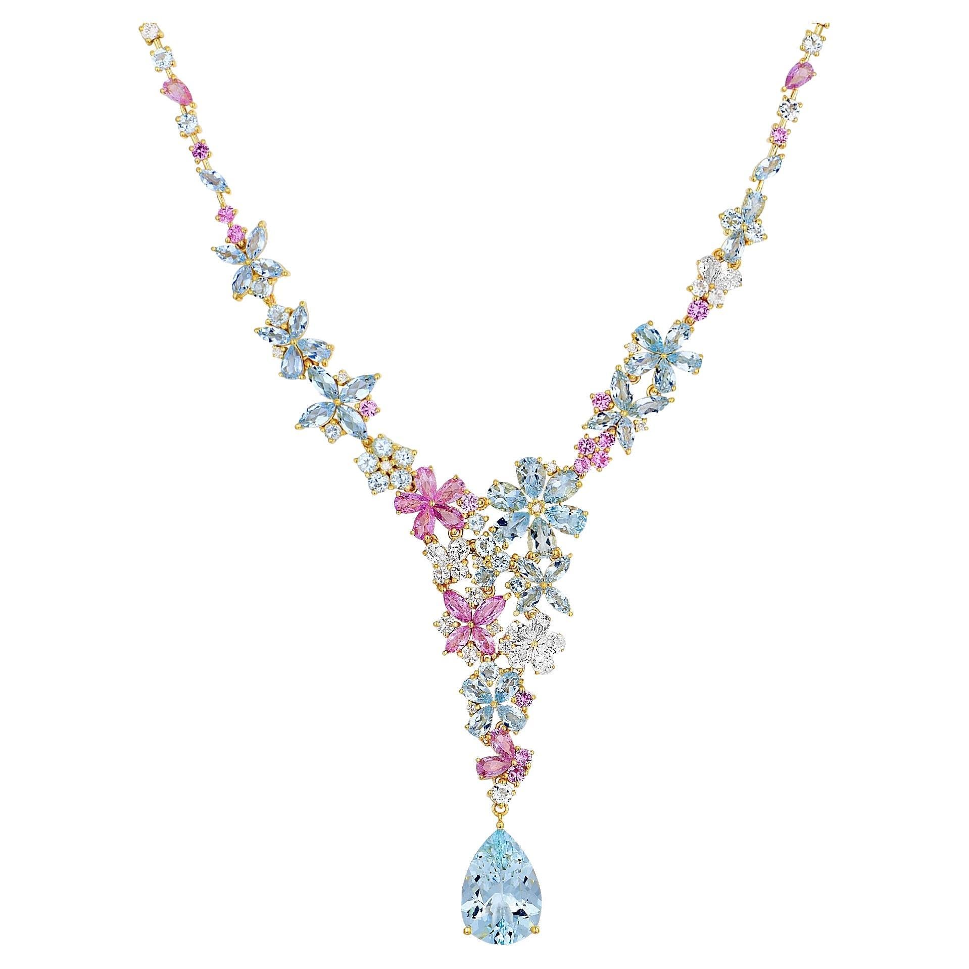 Nina Zhou Symphony Aquamarine Pink Sapphire Statement Necklace