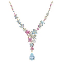 Nina Zhou Symphony Aquamarine Pink Sapphire Statement Necklace