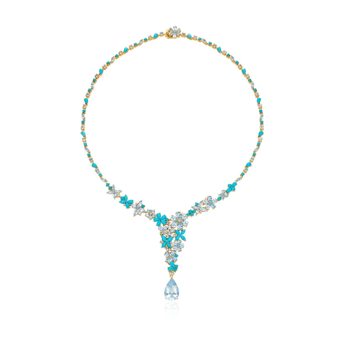 The Enchanted Symphony Aquamarine Turquoise Diamond Statement Necklace is a mesmerizing statement piece that harmonizes the serene shades of turquoise with the radiant shimmer of diamonds.

Inspired by the delicate beauty of a blossoming flower