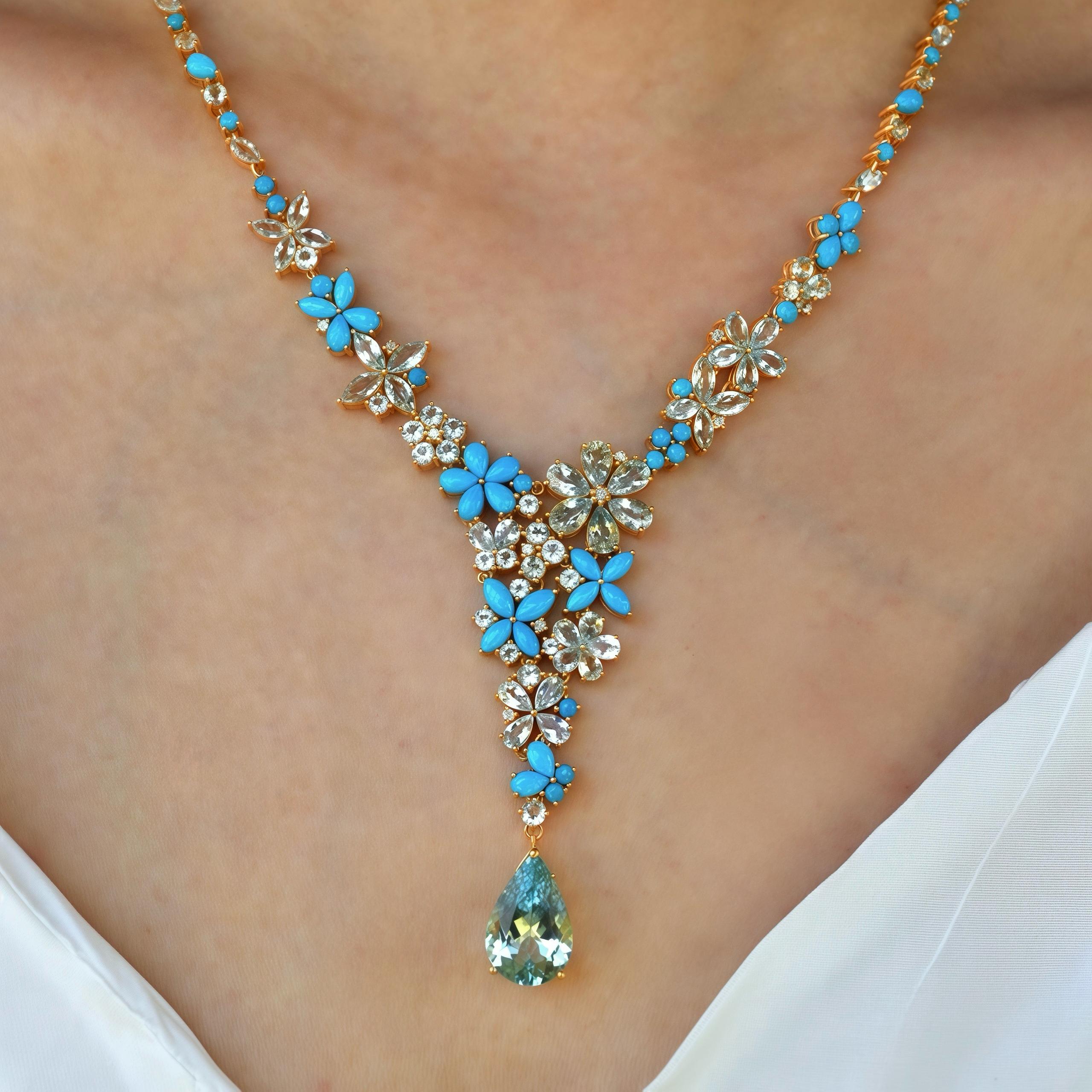 Modern Nina Zhou Symphony Aquamarine Turquoise Diamond Statement Necklace For Sale