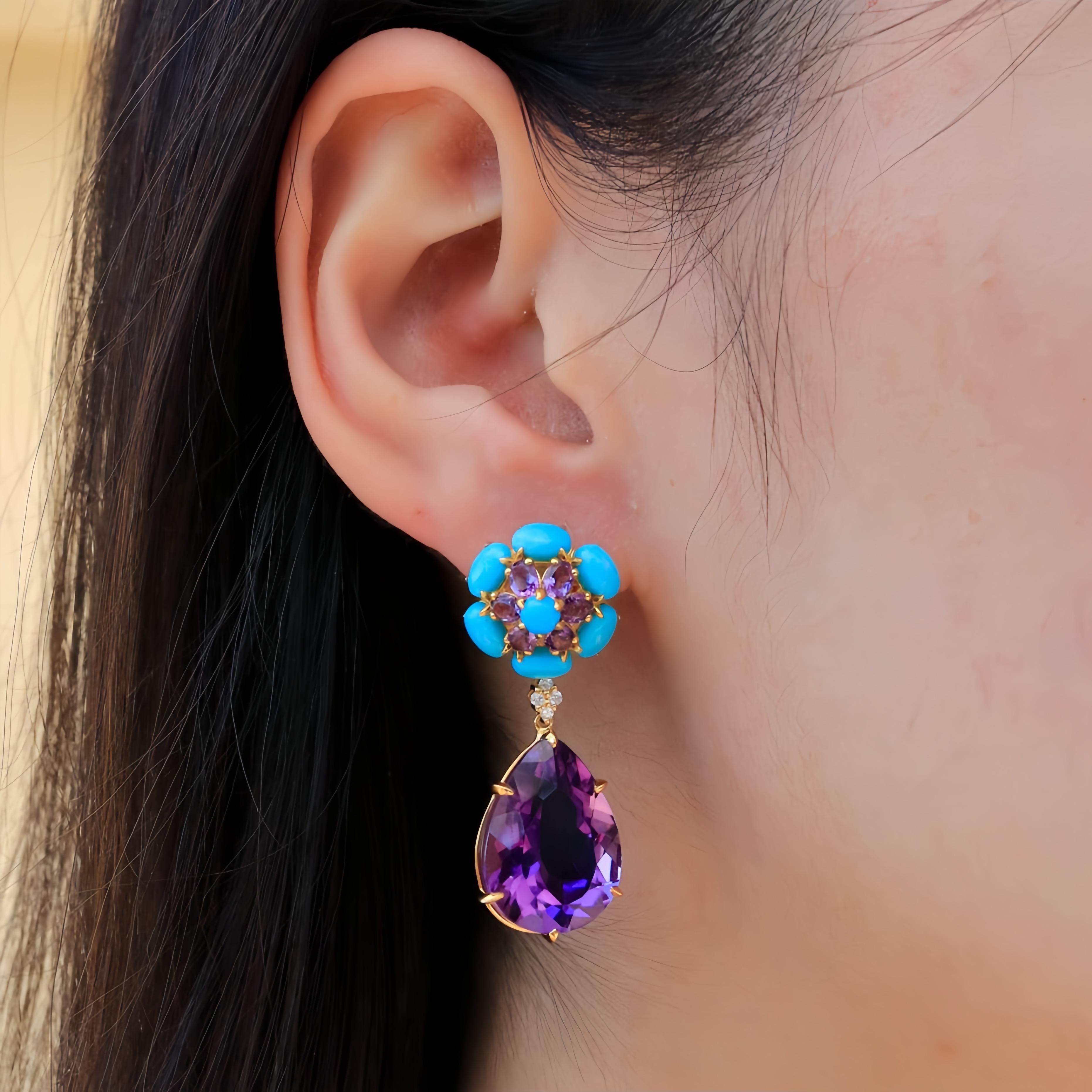 The Turquoise Amethyst Diamond Blossom Earrings combine vibrant hues with an air of sophistication. These eye-catching earrings feature a stunning mix of turquoise and amethyst, arranged in a charming floral motif that captures both elegance and