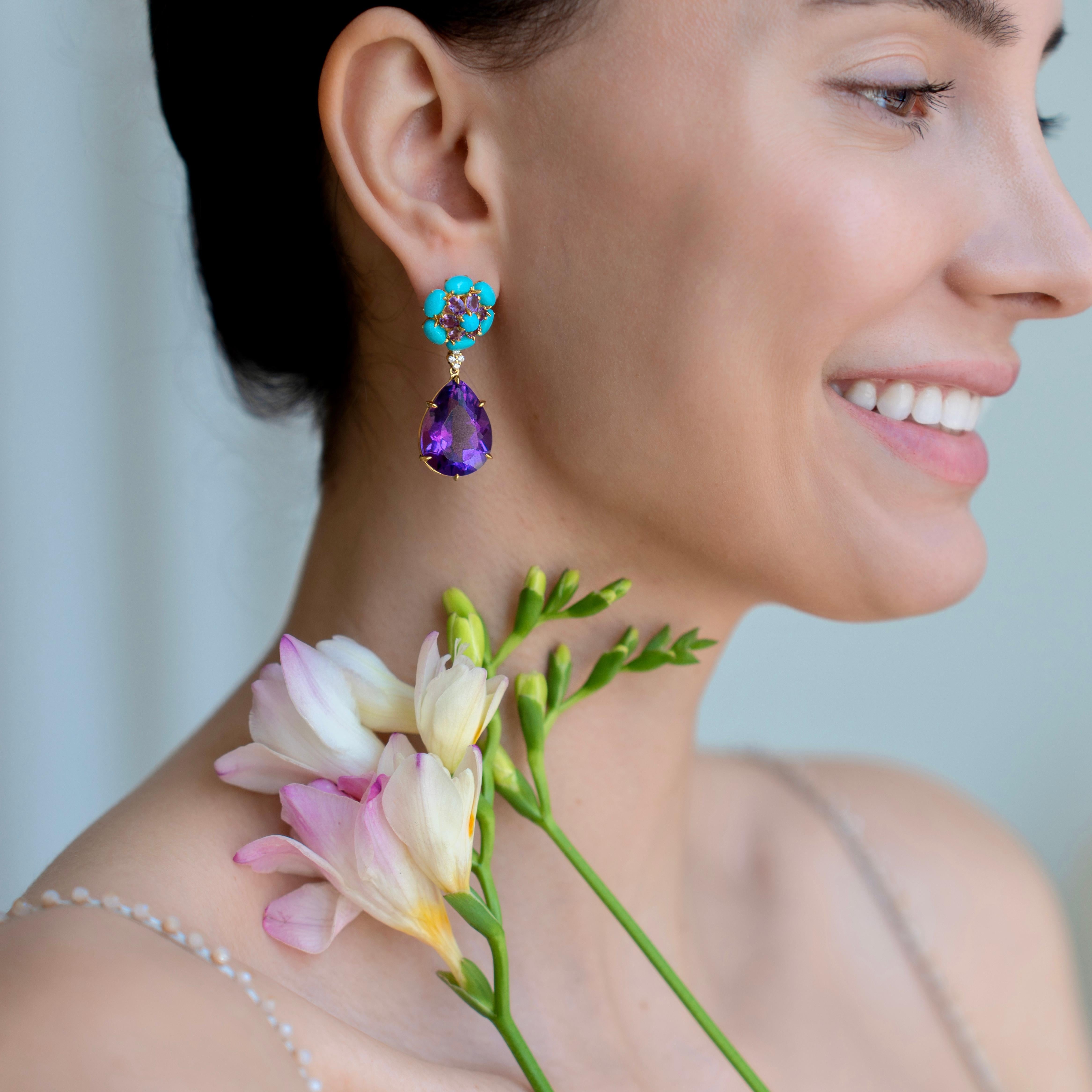 Modern Nina Zhou Turquoise Amethyst Diamond Drop Earrings For Sale