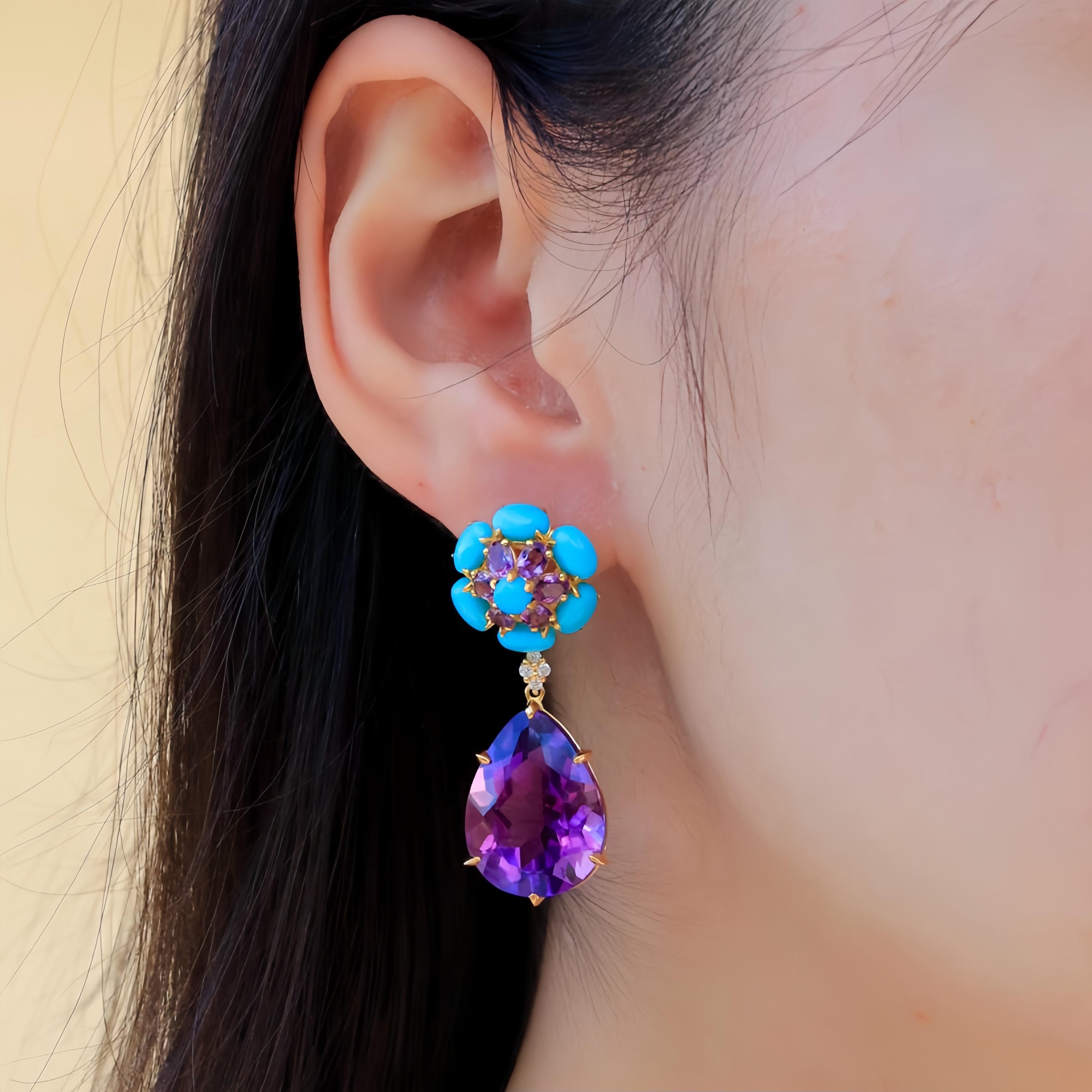 Pear Cut Nina Zhou Turquoise Amethyst Diamond Drop Earrings For Sale