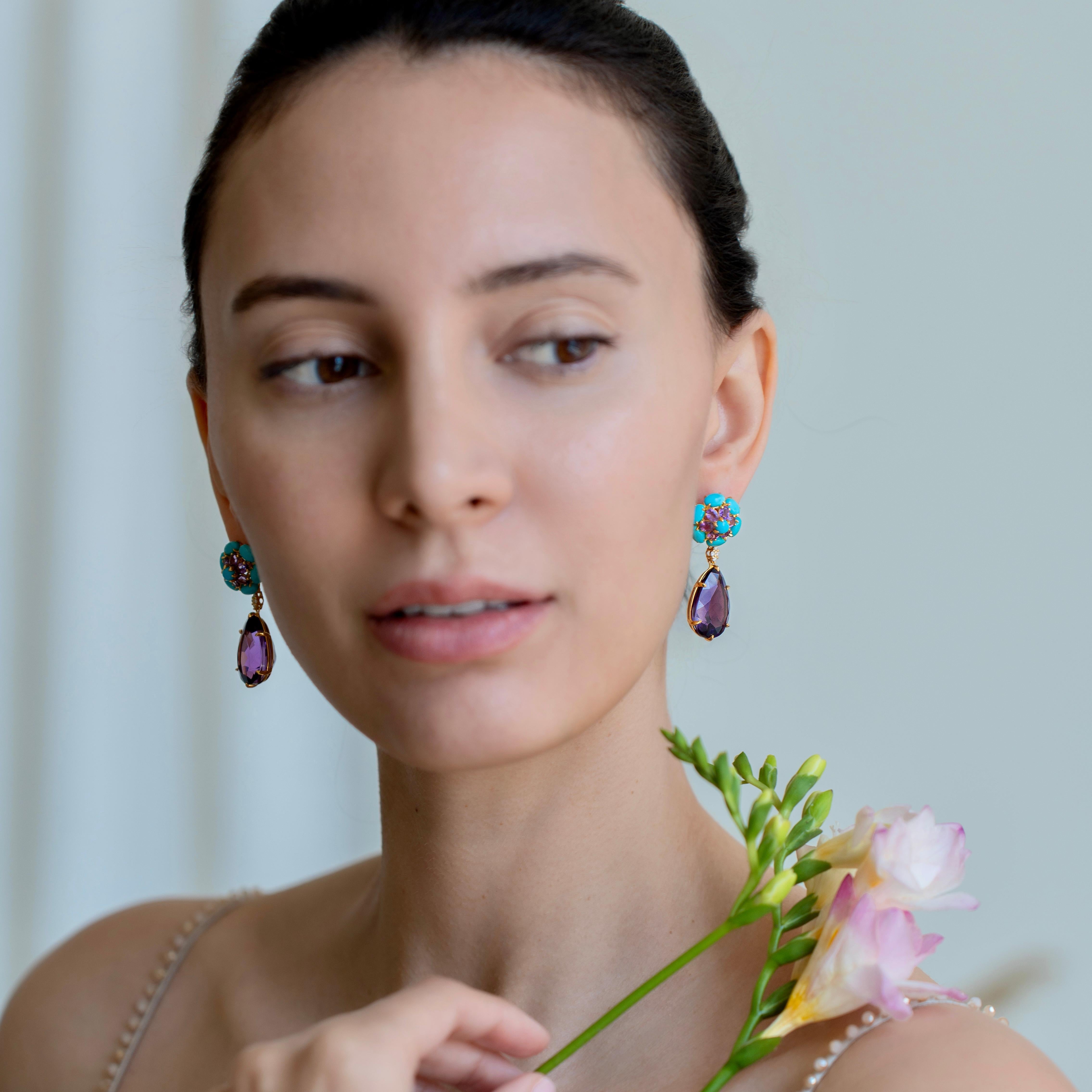 Nina Zhou Turquoise Amethyst Diamond Drop Earrings In New Condition For Sale In Rowland Heights, CA