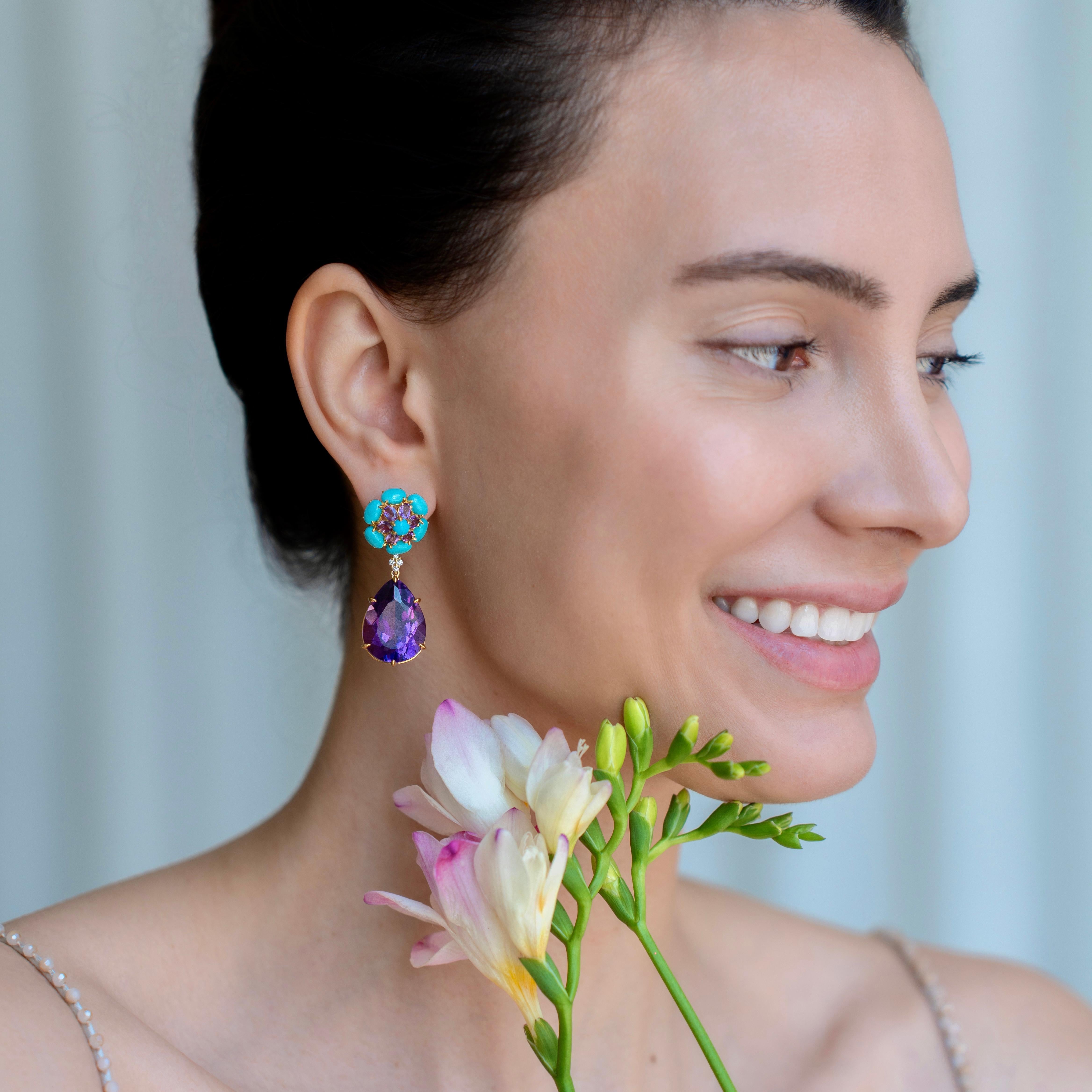 Nina Zhou Turquoise Amethyst Diamond Drop Earrings For Sale 1