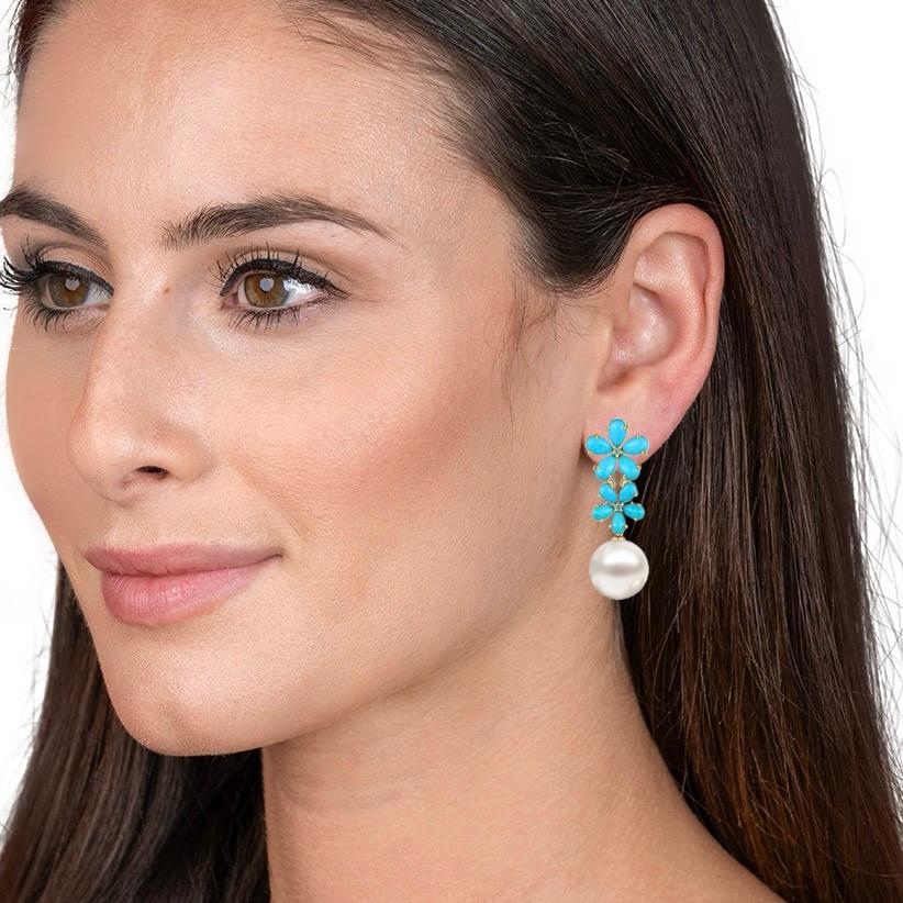 Nina Zhou Turquoise Diamond Blossom and 12-13mm Pearl Convertible Drop Earrings In New Condition For Sale In Rowland Heights, CA