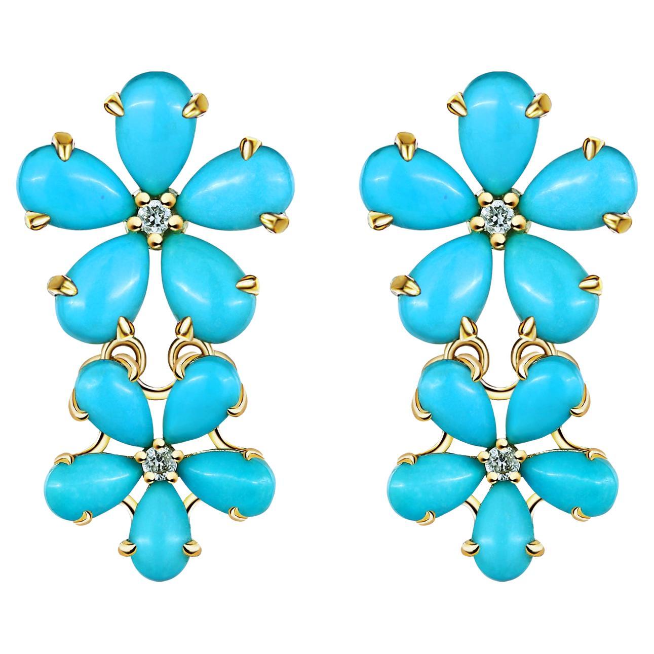 Nina Zhou - Pendants d'oreilles convertibles avec perles de 12-13 mm et fleurs de diamant turquoise en vente 1