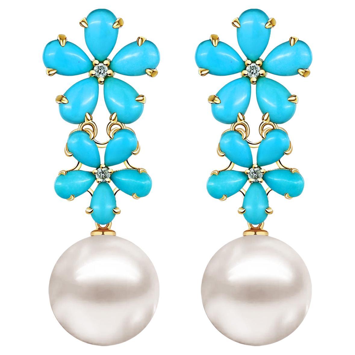 Nina Zhou Umwandelbare Tropfenohrringe mit türkisfarbener Diamantblüte und 12-13 mm Perle