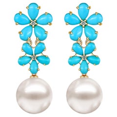 Nina Zhou - Pendants d'oreilles convertibles avec perles de 12-13 mm et fleurs de diamant turquoise