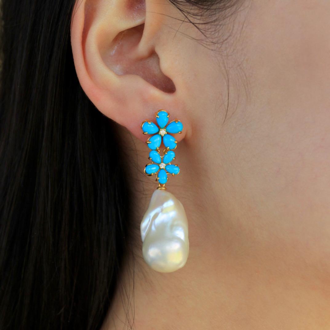Pendientes Convertibles Nina Zhou Turquesa Diamante Flor y Perla Barroca Moderno en venta