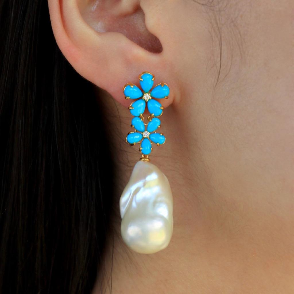 Pendientes Convertibles Nina Zhou Turquesa Diamante Flor y Perla Barroca Corte pera en venta