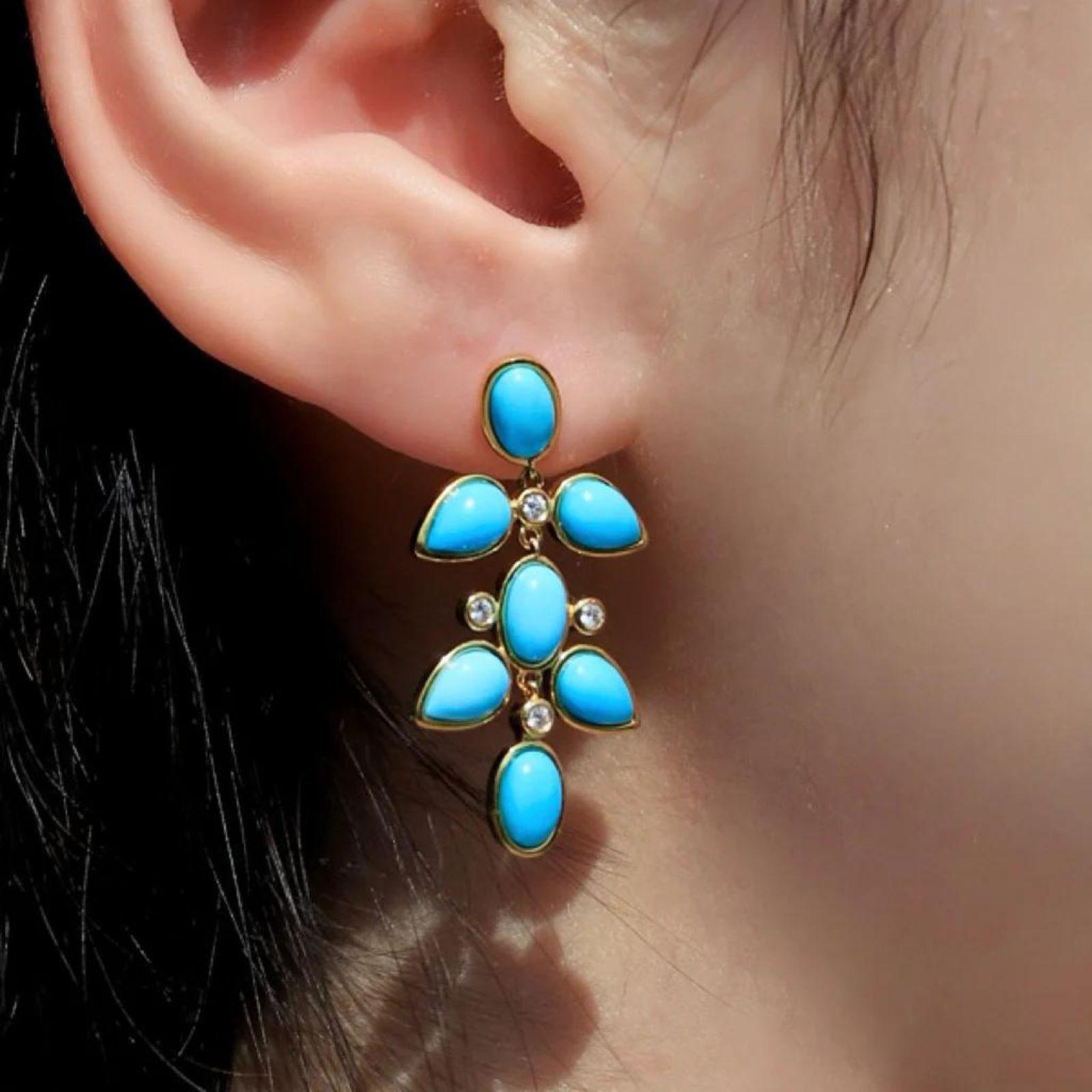 Cabochon Nina Zhou 5.92ctw Natural Turquoise & Diamond Chandlier Drop Earrings For Sale