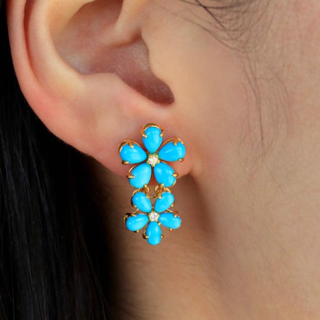 Modern Nina Zhou Turquoise Diamond Double Blossom Drop Earrings