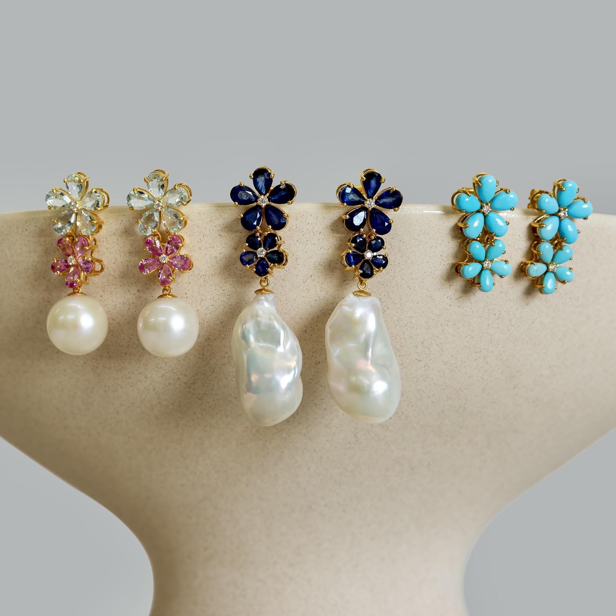 Nina Zhou Turquoise Diamond Double Blossom Drop Earrings In New Condition In Rowland Heights, CA