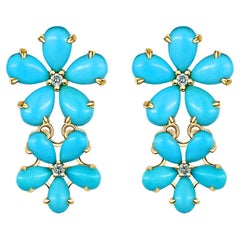 Nina Zhou Turquoise Diamond Double Blossom Drop Earrings