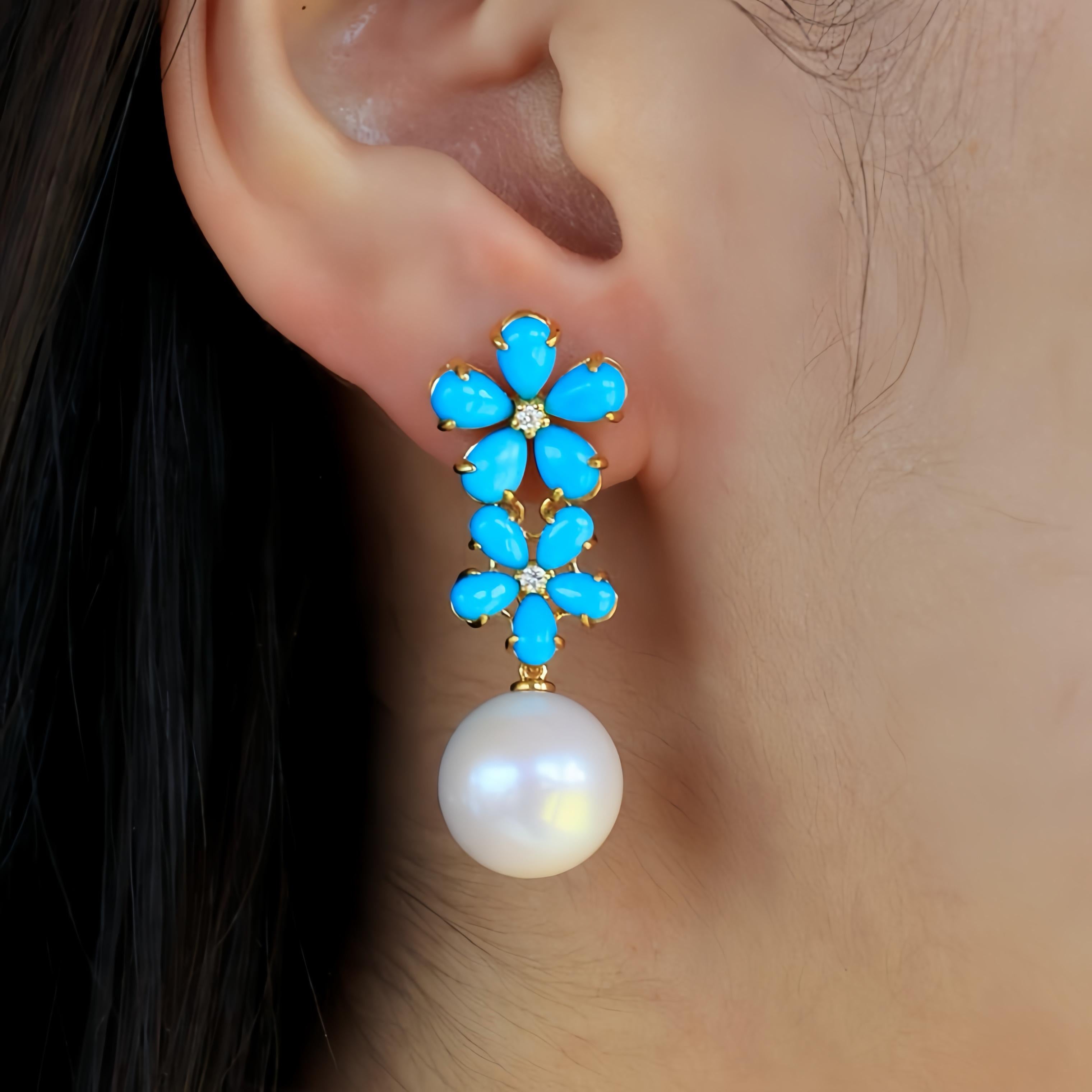 Discover the Nina Zhou's Turquoise Diamond Blossom and 12-13 mm Pearl Convertible Drop Earrings, crafted in 14k yellow gold. Each earring features turquoise and diamond blossom design, evoking the freshness of spring. Suspended below, a lustrous