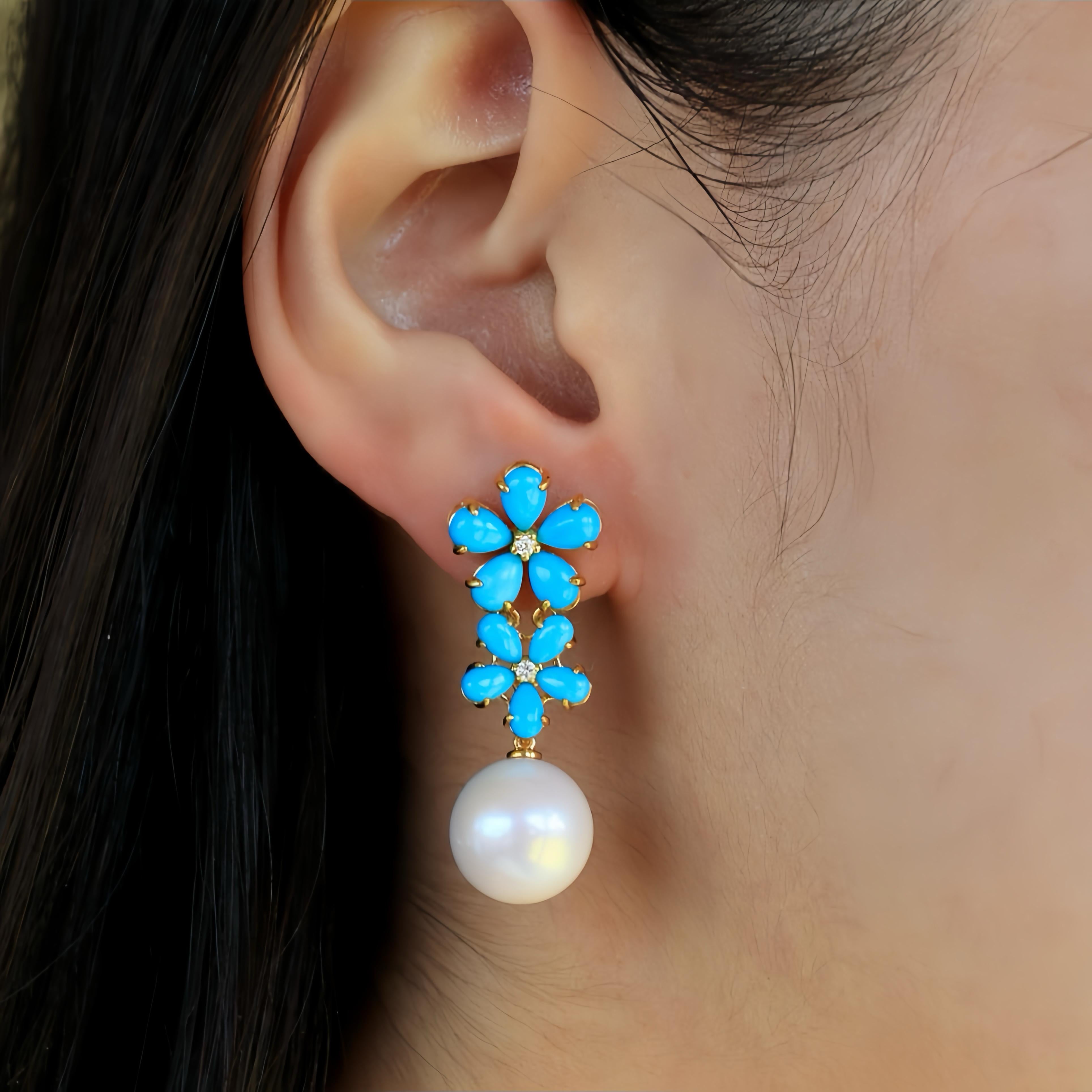 Nina Zhou Turquoise Diamond Double Blossom Pearl Convertible Drop Earrings In New Condition For Sale In Rowland Heights, CA