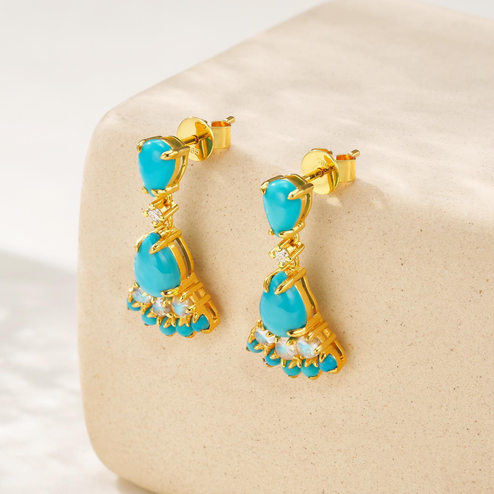 Mixed Cut Nina Zhou Turquoise Moonstone Diamond Earrings For Sale
