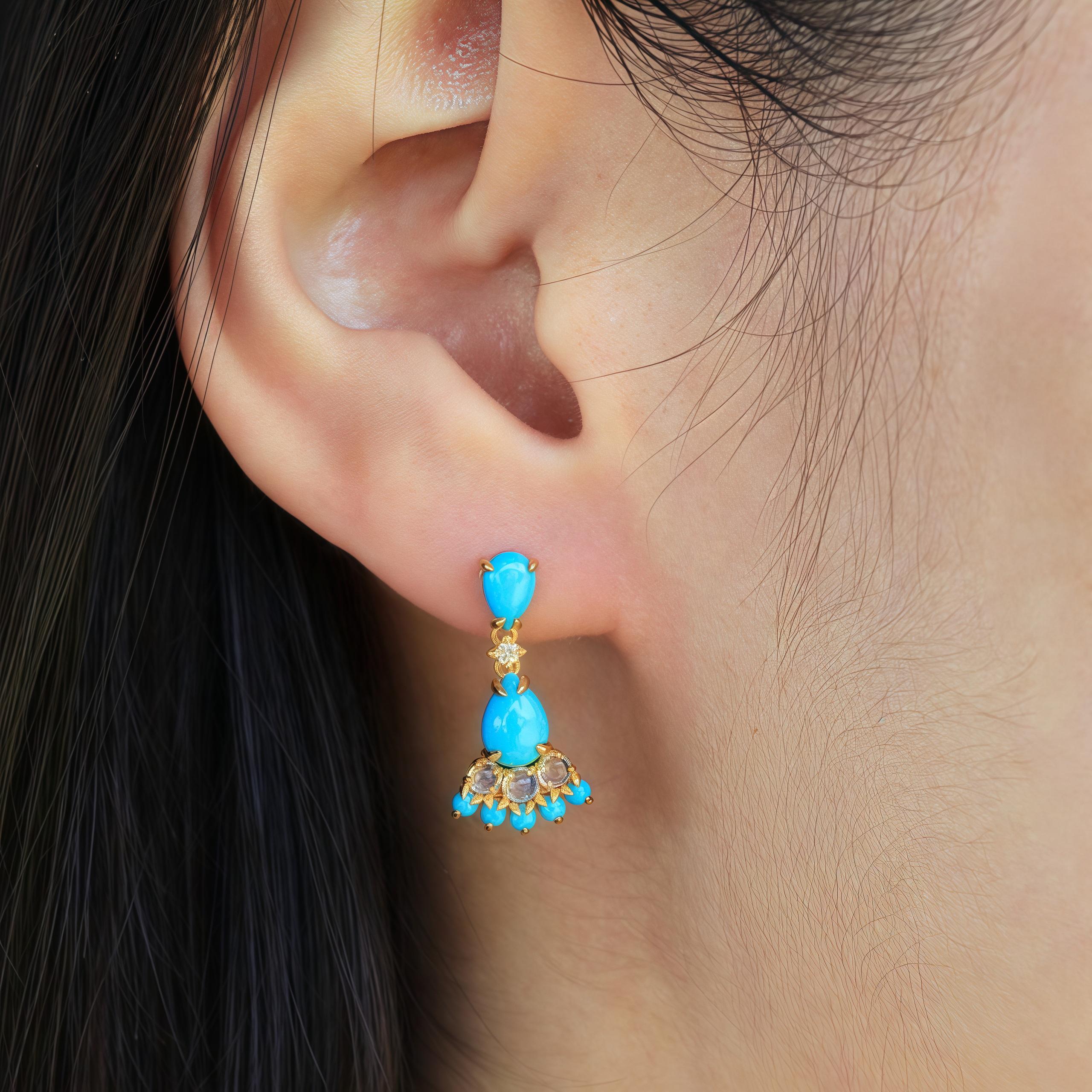 Nina Zhou Turquoise Moonstone Diamond Earrings In New Condition For Sale In Rowland Heights, CA