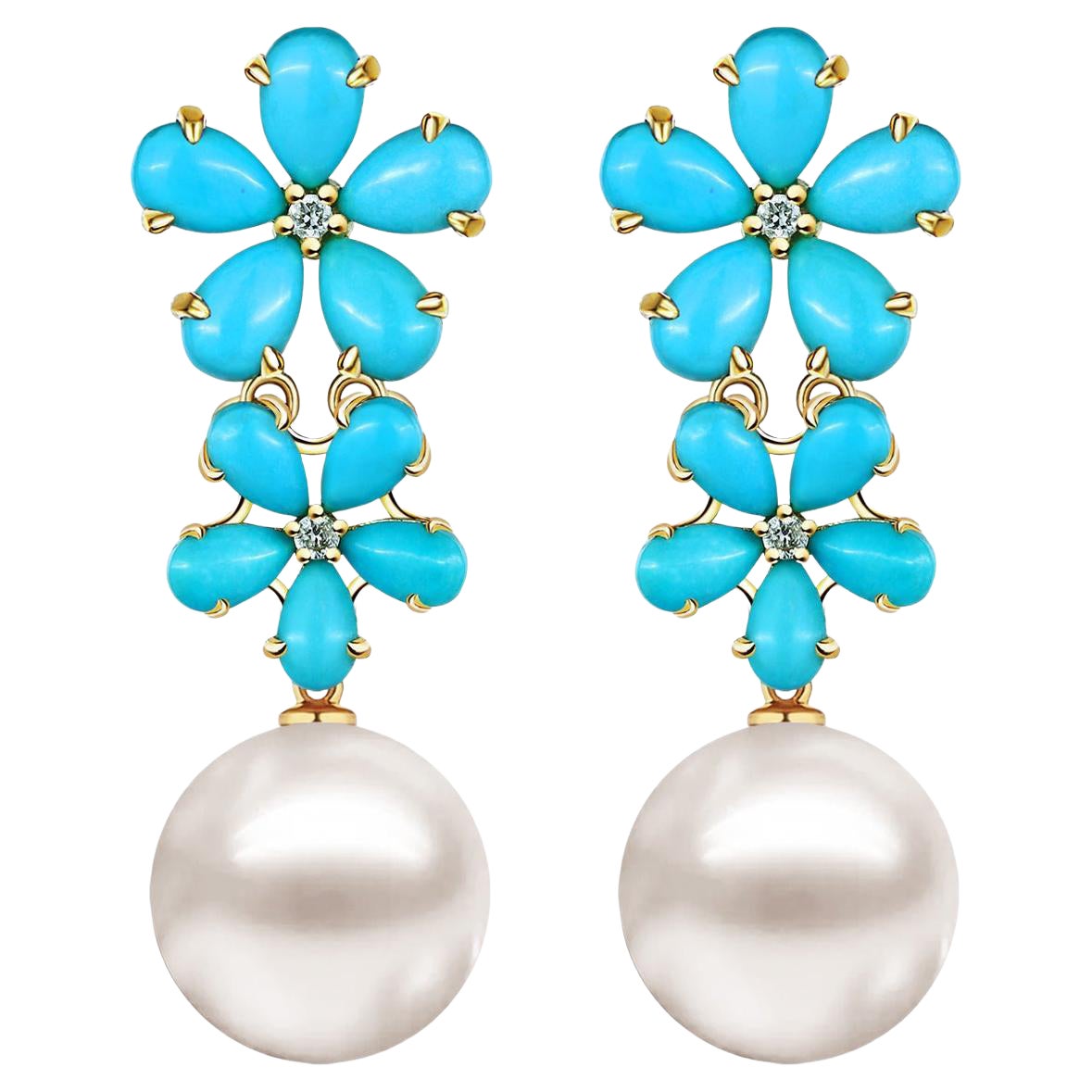 NinaZhou 6.12ct Turquoise Diamond Double Blossom Pearl Convertible Drop Earrings