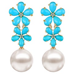 NinaZhou 6.12ct Turquoise Diamond Double Blossom Pearl Convertible Drop Earrings