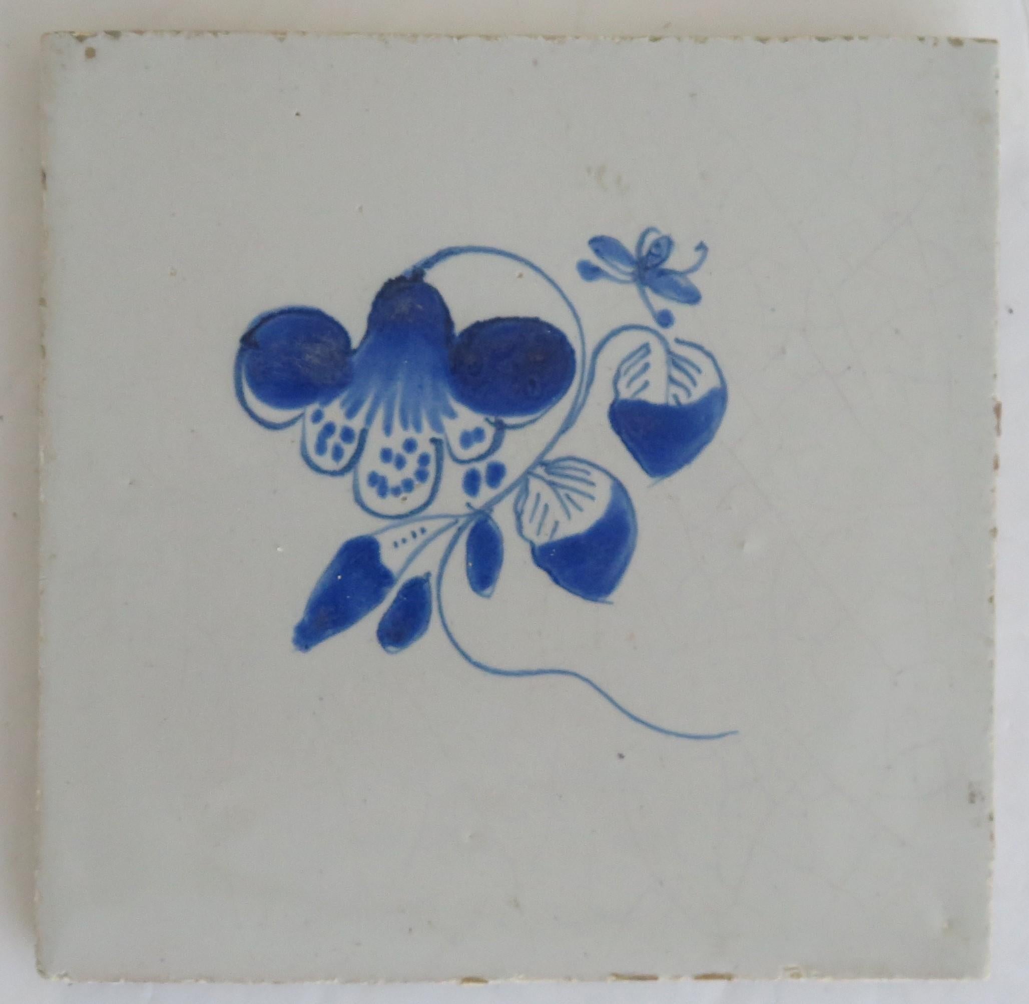 Earthenware NINE 18th Century Delft Wall Tiles Blue & White Flowers & Insects Netherlands