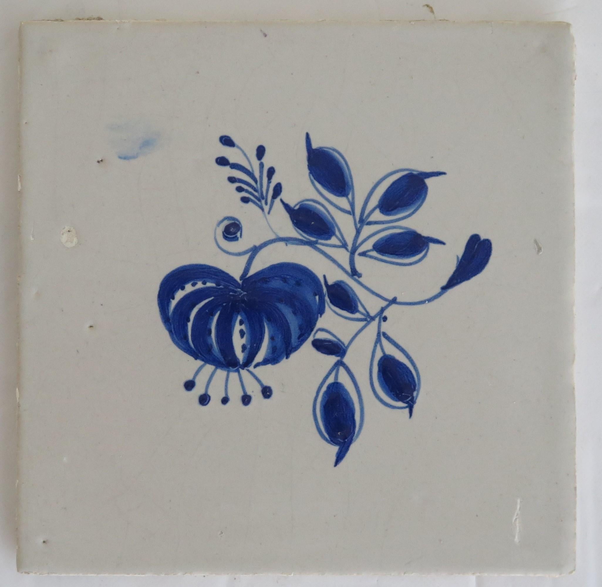 NINE 18th Century Delft Wall Tiles Blue & White Flowers & Insects Netherlands 1