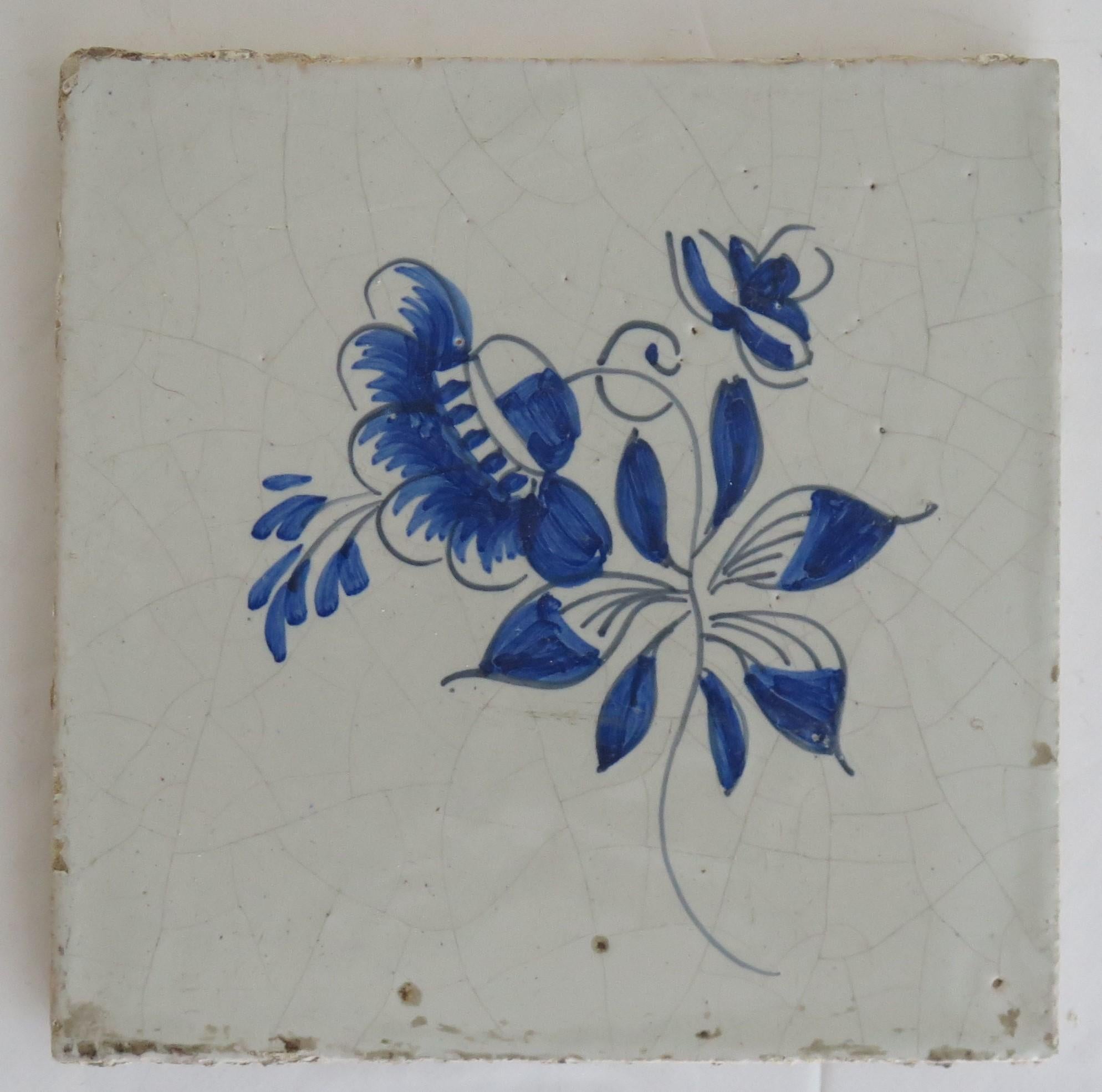 NINE 18th Century Delft Wall Tiles Blue & White Flowers & Insects Netherlands 2