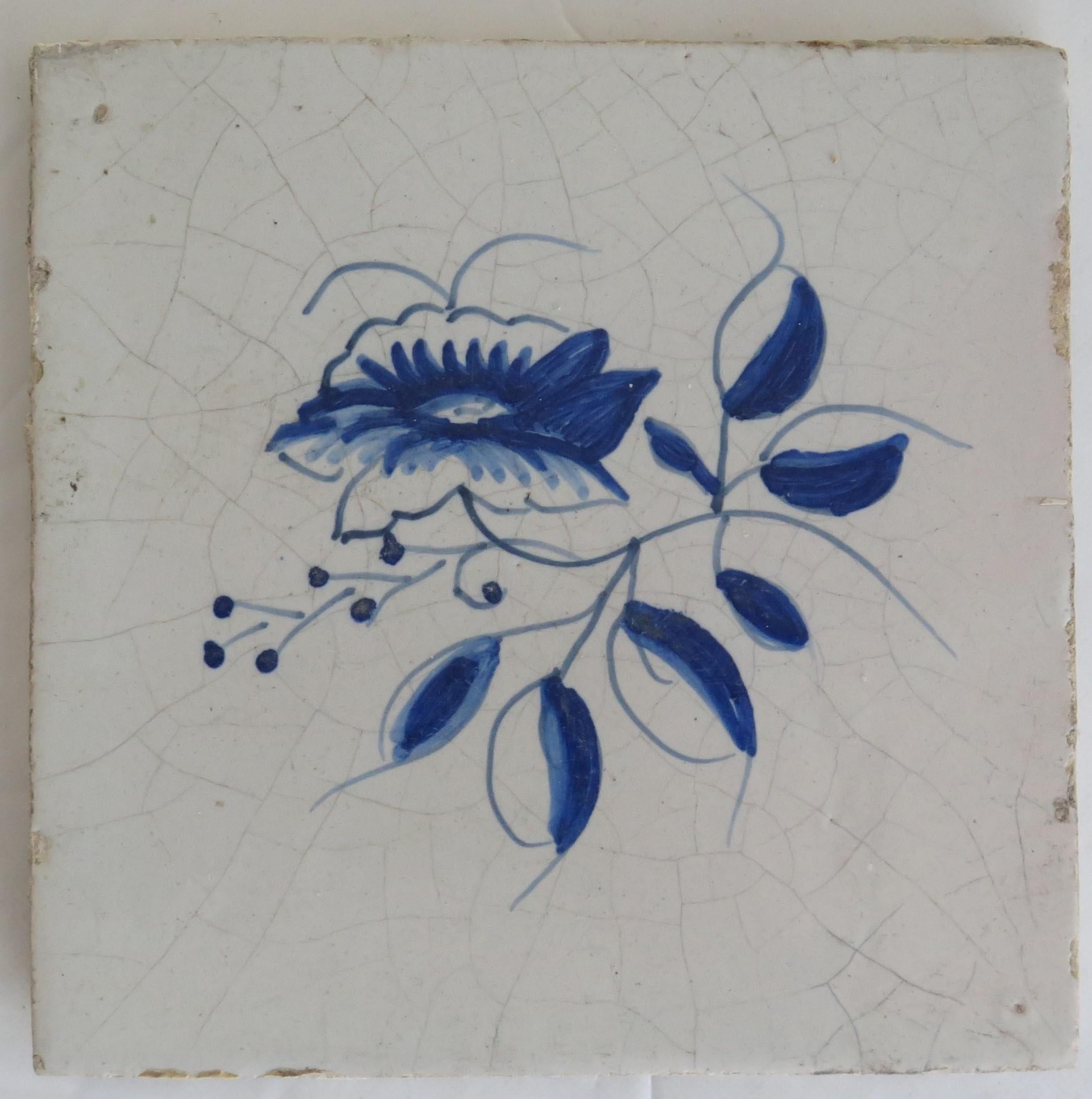 NINE 18th Century Delft Wall Tiles Blue & White Flowers & Insects Netherlands 3