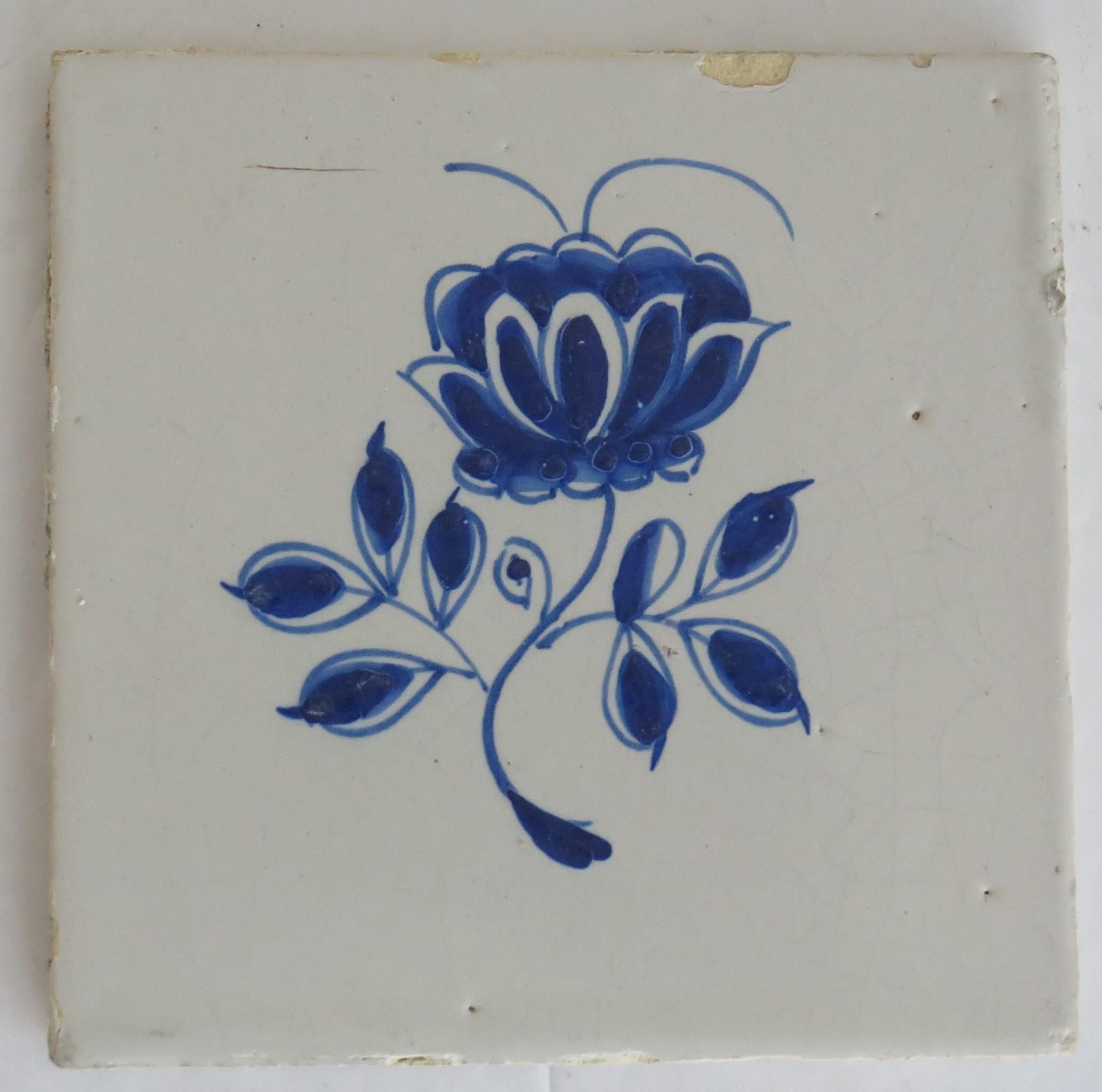 NINE 18th Century Delft Wall Tiles Blue & White Flowers & Insects Netherlands 4