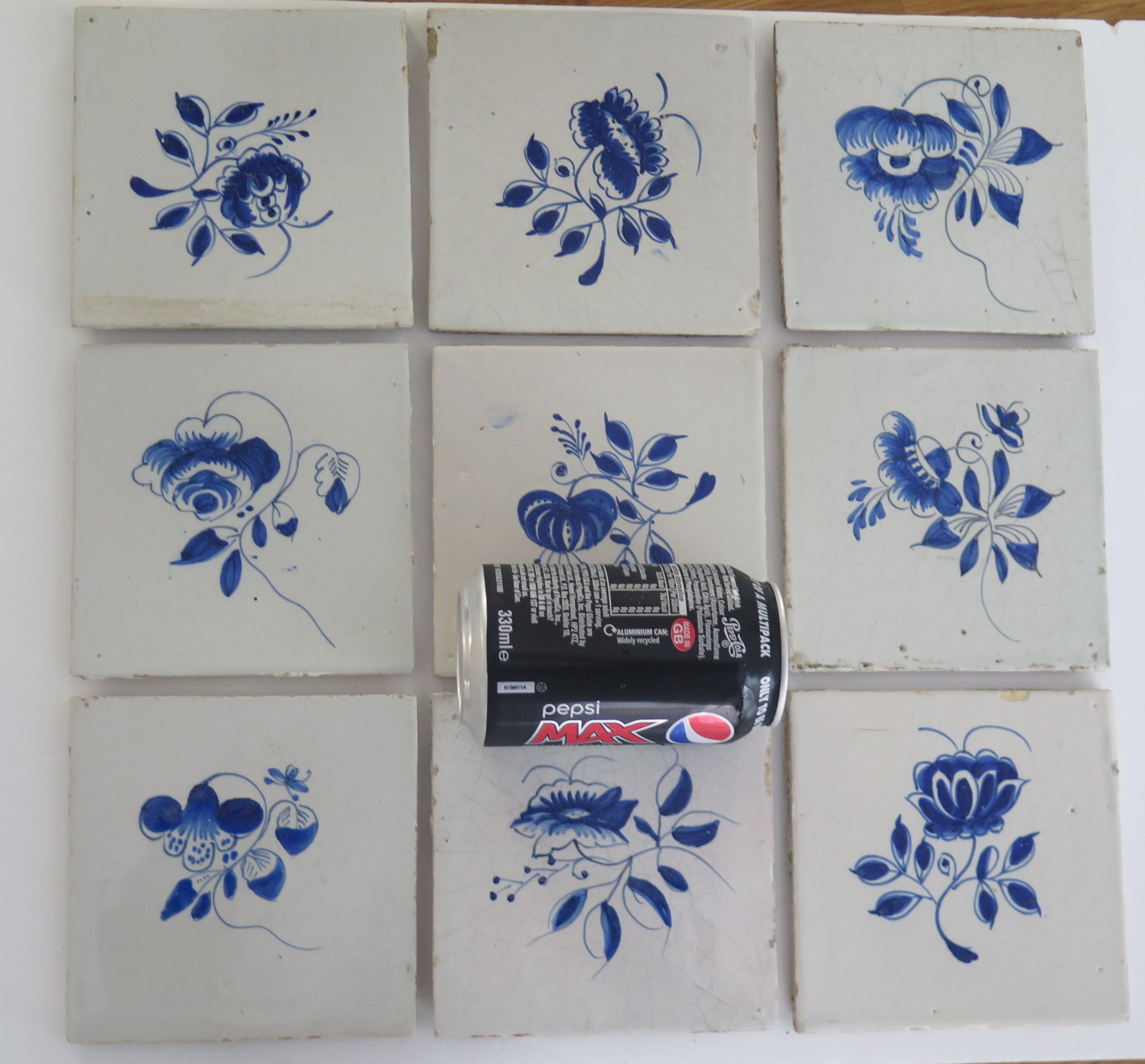 NINE 18th Century Delft Wall Tiles Blue & White Flowers & Insects Netherlands 8