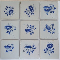 NINE 18th Century Delft Wall Tiles Blue & White Flowers & Insects Netherlands