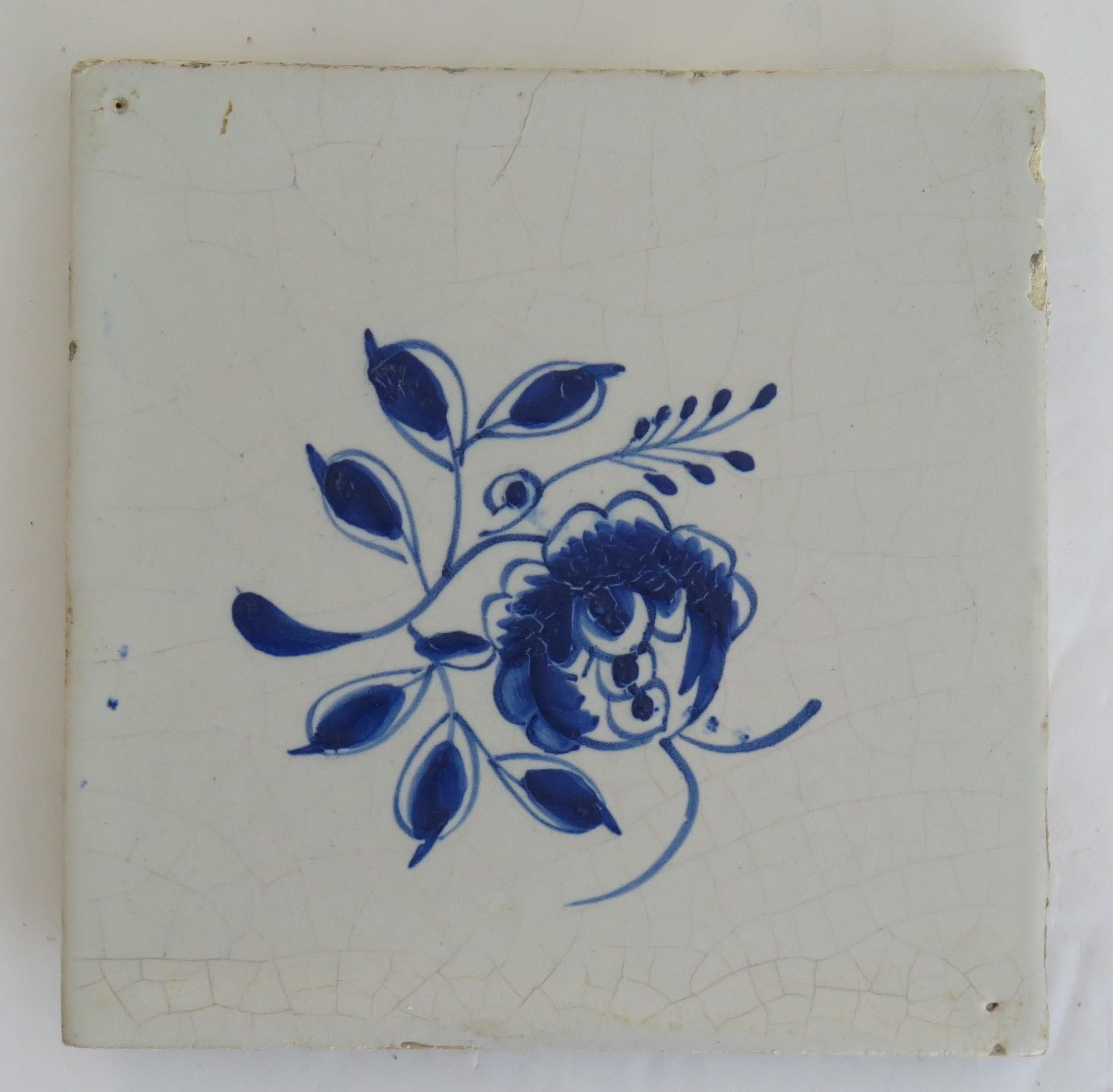 Dutch Colonial NINE 18th Century Delft Wall Tiles Blue & White Flowers & Insects Netherlands