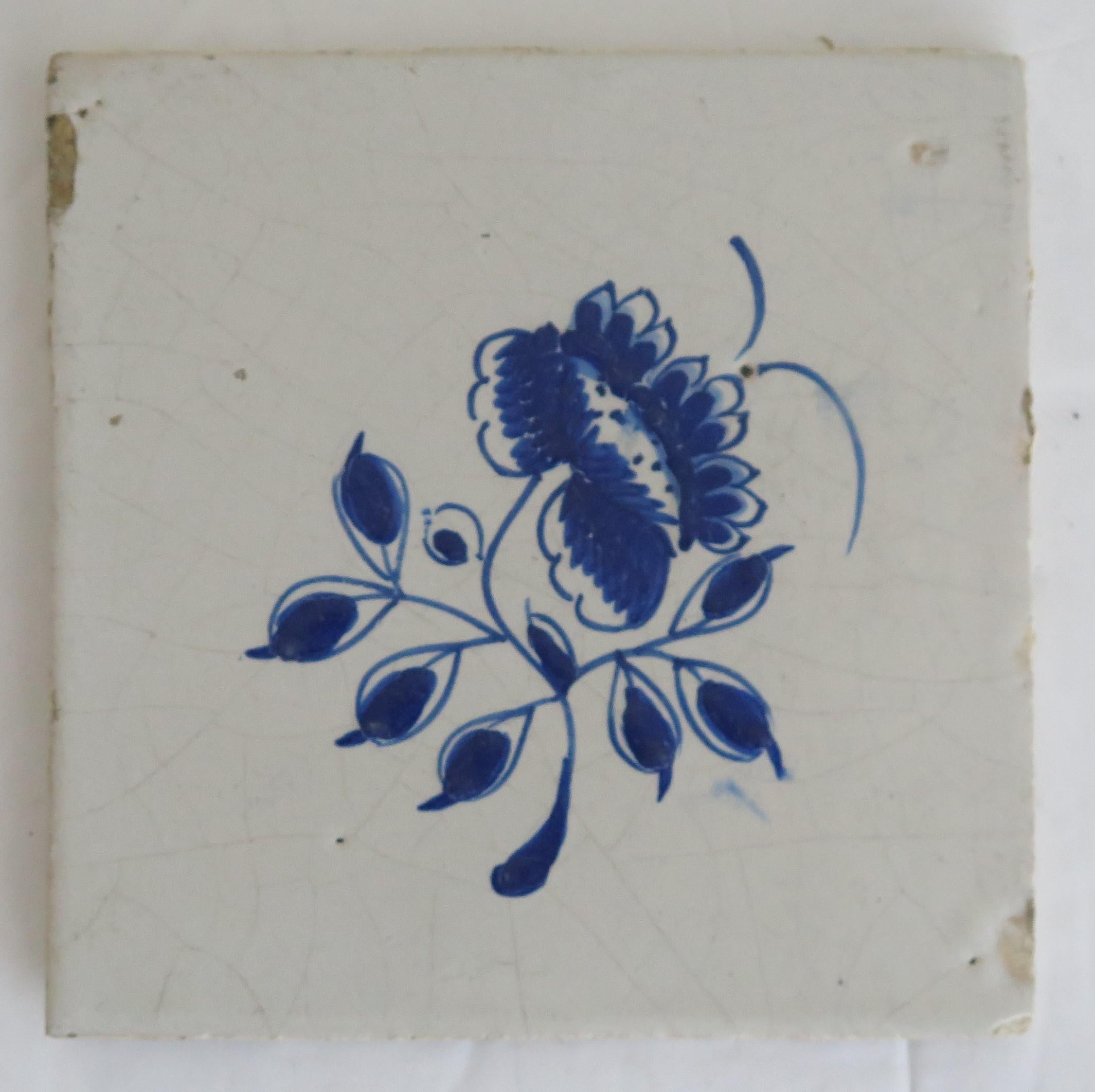 Dutch NINE 18th Century Delft Wall Tiles Blue & White Flowers & Insects Netherlands
