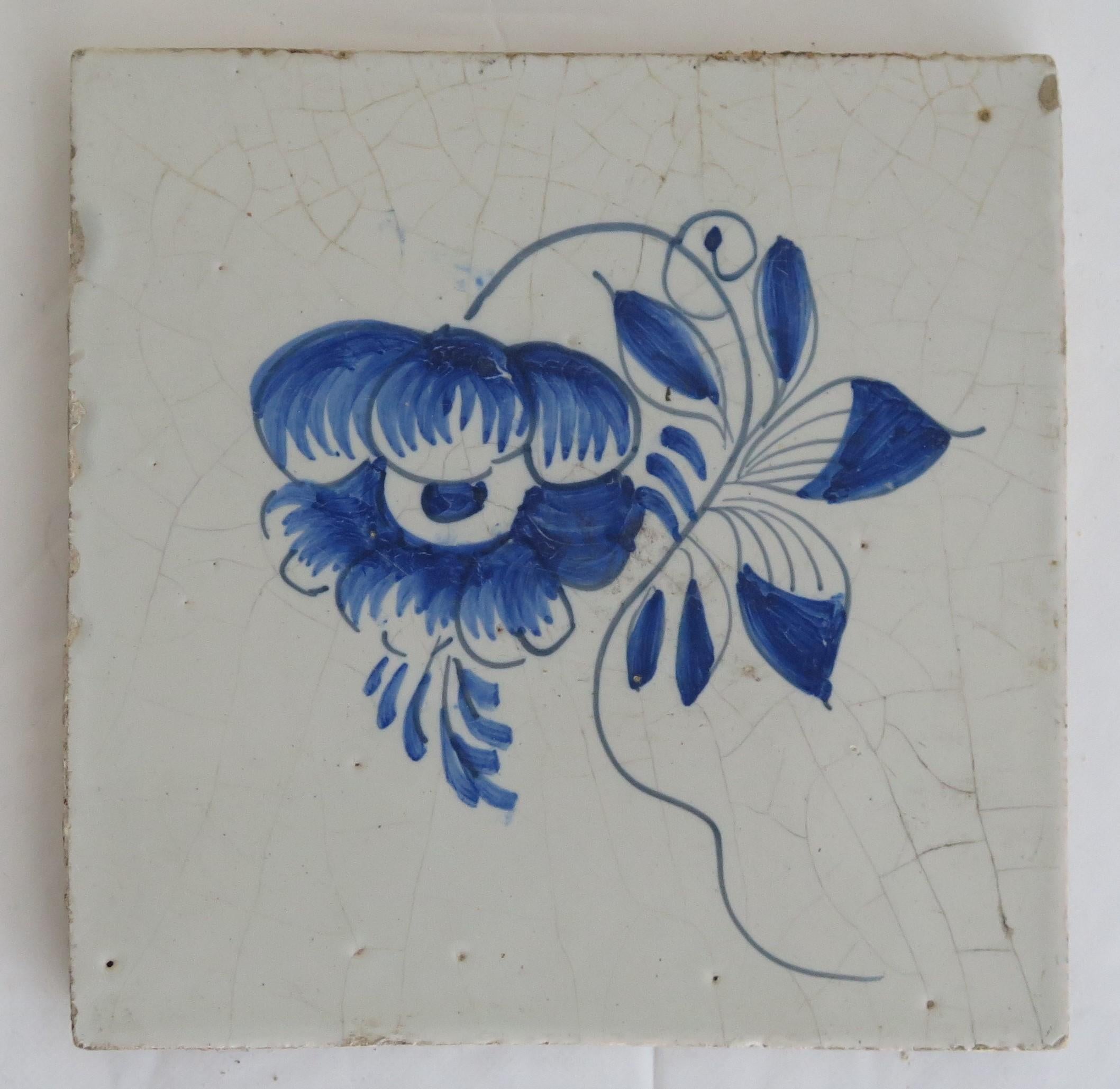 Hand-Painted NINE 18th Century Delft Wall Tiles Blue & White Flowers & Insects Netherlands