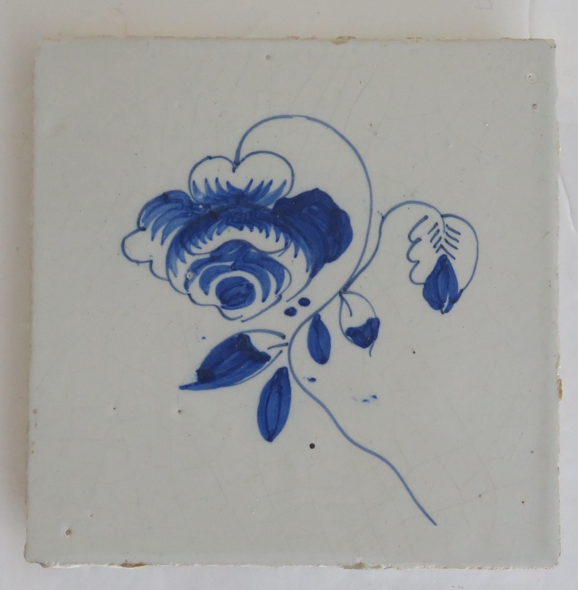 NINE 18th Century Delft Wall Tiles Blue & White Flowers & Insects Netherlands In Good Condition In Lincoln, Lincolnshire